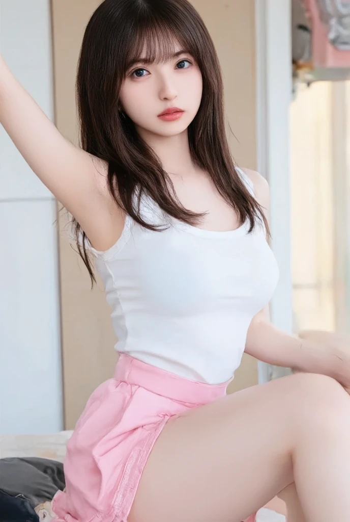 (Radiant hair、fair-skinned young woman with brown eyes. attractive girl、oversized white t-shirt)、(Cowgirl、squatting in high heels、a miniskirt、Lower breast、low angles:1.3)
