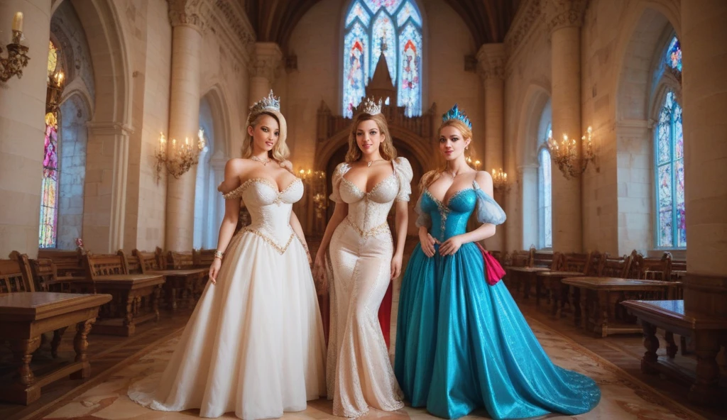 ( 3 girls ), Young faceอินโดนีเซีย, smile, white skin, Round breast, blue eyes,(Elaborate fantasy themed dress)Masterpiece, Highest quality, 8k, beautiful girl, Young face、 photography, Cute face, thigh,embarrassing valley、รอยsmile、(((((())))))、small waist,((Busty breasts))blue eyes(((big breasts:1.0)))crown