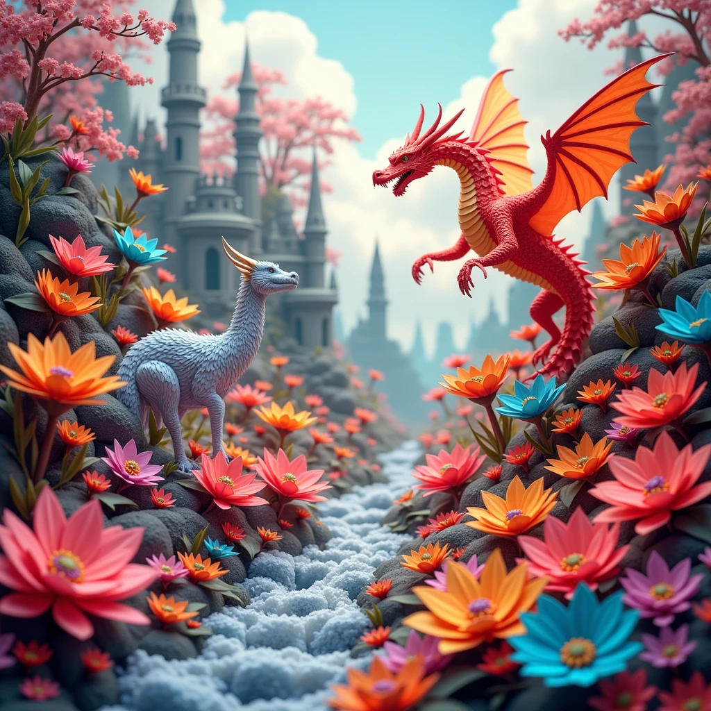 An image where you see red and white roses and in the background there are dragons, with a touch of fantasy
