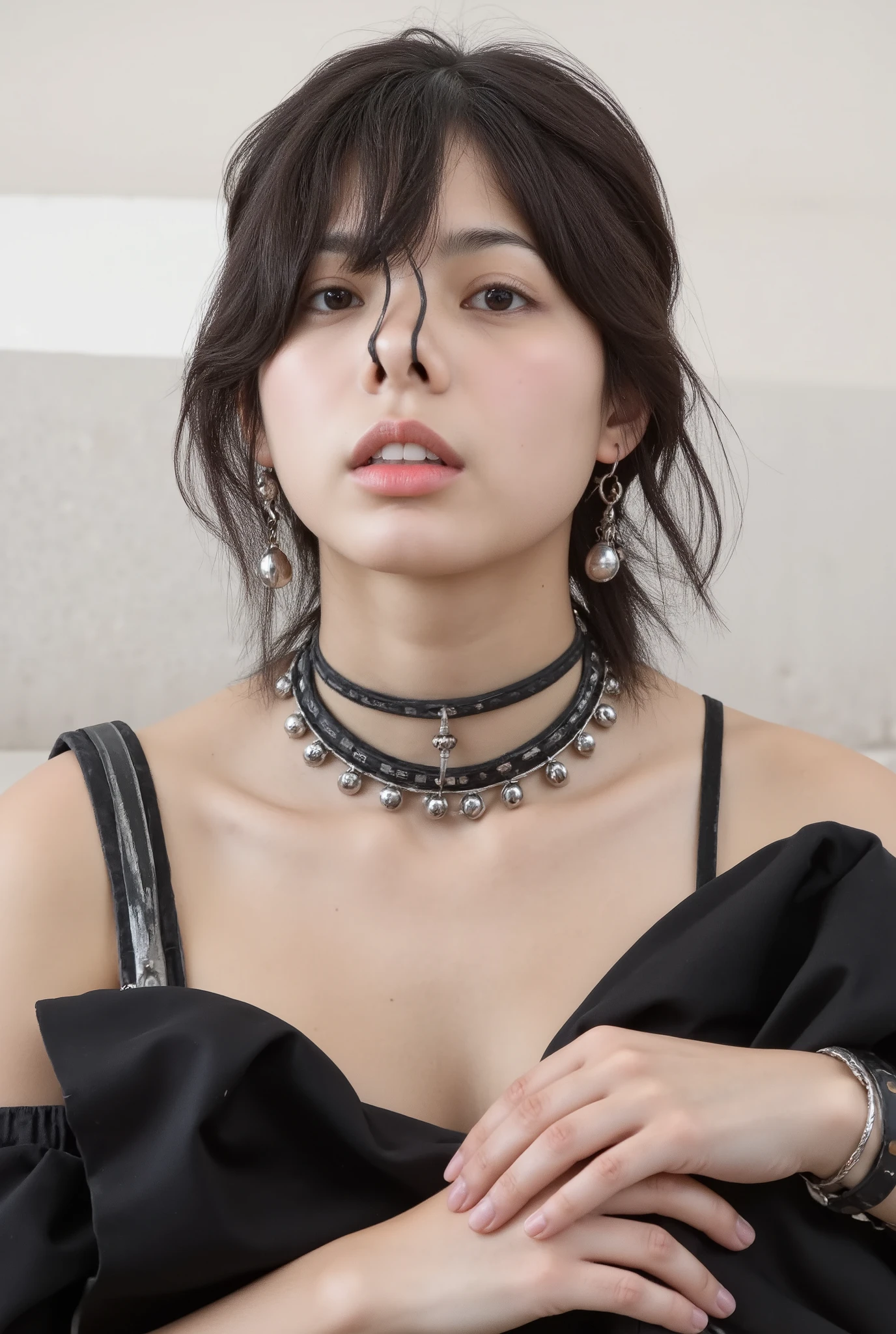 A high resolution photograph of a young Japanese woman, fashion shoot, portrait, face focus, (middle parted bangs, nosehook with strap wrapped around head top, choker with jewelry), embarrassed, sadness, looking up at the camera,