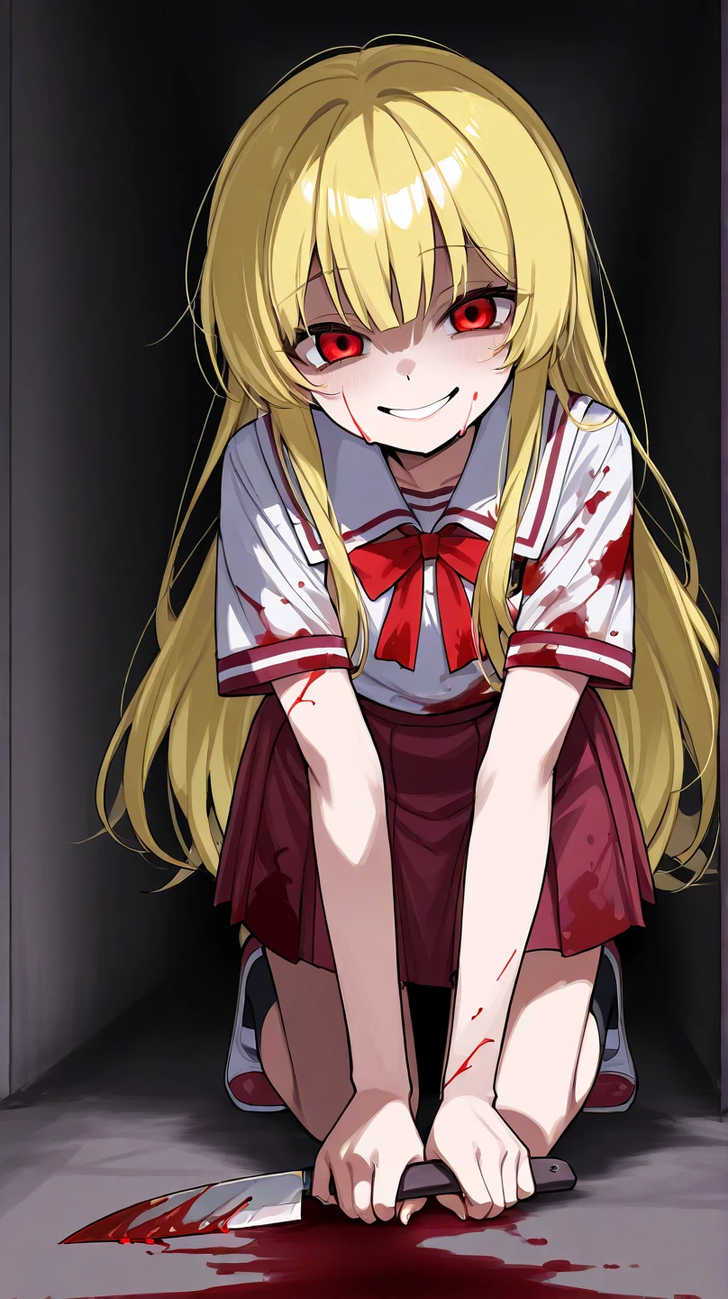 (Highest quality,4K,High resolution,masterpiece:1.2),Very detailed,Realistic:1.37,high school、Dilapidated school building、I'm in the classroom、InSide a dilapidated claSSroom、Very dirty classroom、,Red color scheme,Ominous atmosphere,Eye-catching,Storytelling,anatomy,Anime Style,Concept Art,beautiful細部までこだわった顔と (((Red eyes ))),A terrifying ritual ,Satanic Ritual,Premature death,inappropriate behavior,クレイジーなsmile,Scythe Face,beautiful girl、Girl Monster, beautiful, Delicate facial features, Sharp Eye, Sharp Fangs, Pale skin, Gloomy atmosphere, One person'S, Please open your mouth wide, Open your mouth and baring your teeth,Sharp teeth like a beast, Wide lips, very wide mouth, Vermilion cheeks, ,(Blood splatter:1.4),Scary smile, smile,high schoolのデザイン, TwiSted smile、Bloody、bleeding from the head,,,,,、Blood splatter、,(Blood splatter:1.4), ((Flowing blonde hair)), ,(Blood splatter:1.4),Female curves, Perfect hands, Perfect anime face, (Long sleeve, Very cute sailor uniform)), Are standing, ((邪悪なsmile)), ,(Blood splatter:1.4), Steam circulates, ,Anime School Design, TwiSted smile、Bloody、bleeding from the head,、Blood splatter、,(Blood splatter:1.4), A dilapidated high school、Abandoned house、,Absurd, High resolution、Spooky Girl、(クレイジーなsmile:1.6)、(Blood dripping from the mouth:1.3)、 Anime-style characters as protagonists、