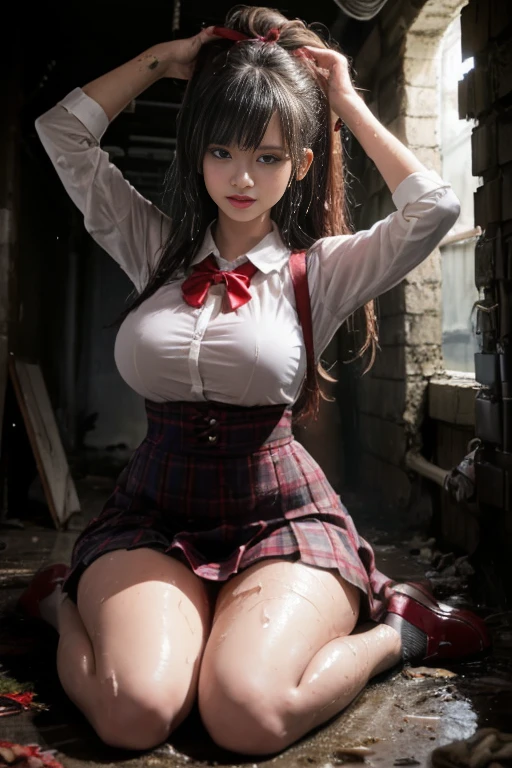waistband of skirt is at the point above chest , school girl big breast , red knot , red bow , skirt dark red , plaid skirt , pleated skirt , dirty white Shirt , realisitic、top-quality、crisp photos、((Brick underground tunnel、Foul-smelling sewer、Littered with filth、Sewage channels full of feces、a lot of garbage and junk、The dirtiest sewer))、Bricks are covered with moss、((beautiful a girl、Constricted waist、Neat face、Most beautiful face、Elaborate face、dense dirty brown hair、Refreshing look、Pleasant look、Happy expression、Joy covered in filth、Glad to get dirty))、(dirty school girl uniform、Tangier、brawn hair)、Lying face down on filth、Girl with beautiful ass、Scoop out filth with both hands、Beautiful girl's hair is covered in mud、The joy of lying in dirty sewage))、(((I want to smear filth all over my body.、A large amount of sewage flows down the head、The whole body is full of filth、Stick out your buttocks and open your legs、a large amount of dirty garbage and waste,,、Heaps of garbage))