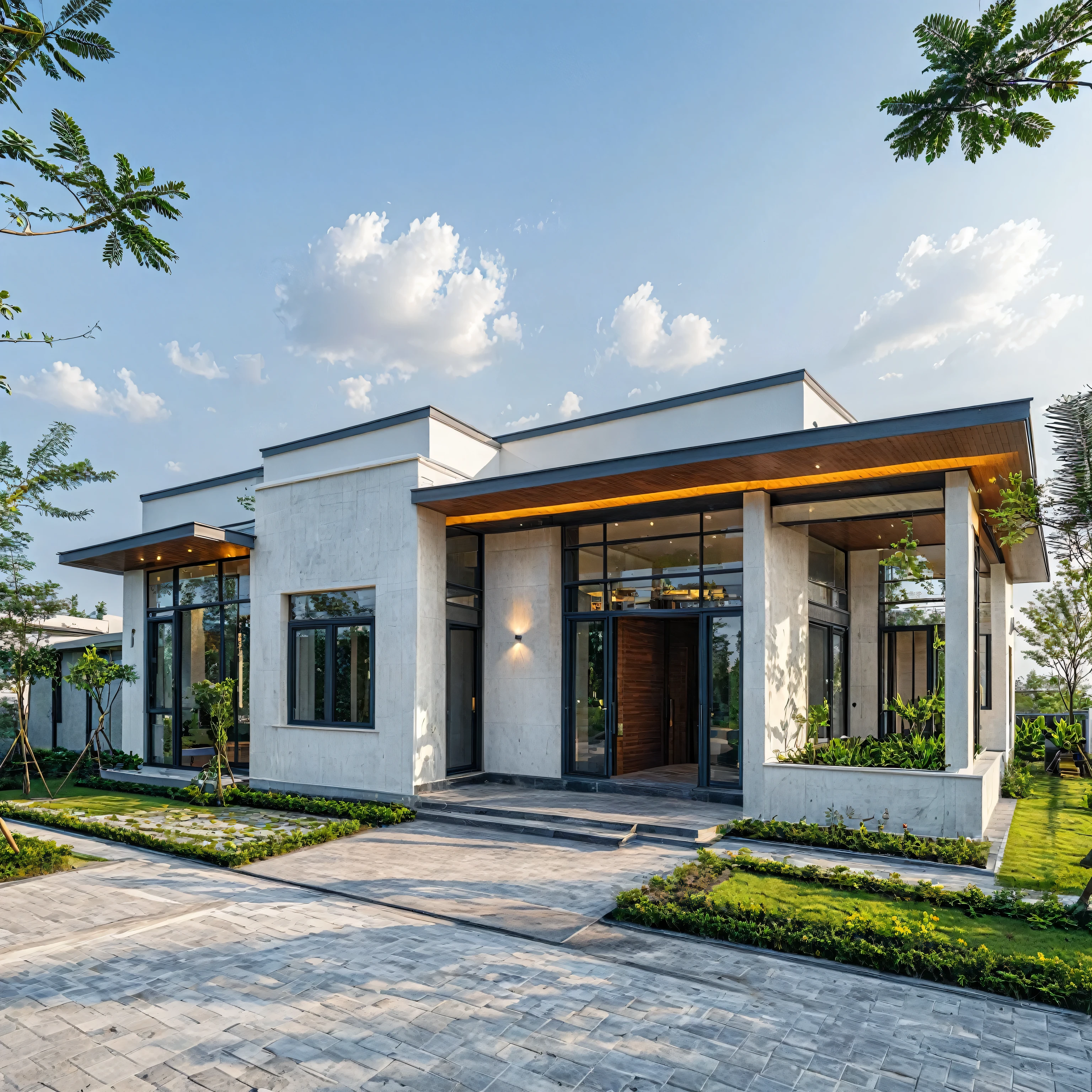1 morden WHITE house,1large yard, 1 road runs in front of the house, (RAW photo, real, best quality, masterpiece:1.2), look morden minimalist, 1 road in front of the house, the exterior of an elegant single family home features large windows, ((a dark gray door frame)), dynamic lighting:1.3, (hyper realistic, photo-realistic:1.2), high quality, (dark lighting:1.2), perfect lighting, archdaily, no human, light at 12 noon, warm light in door:1.4, blue sky:1.3, shimering lighting:1.2,