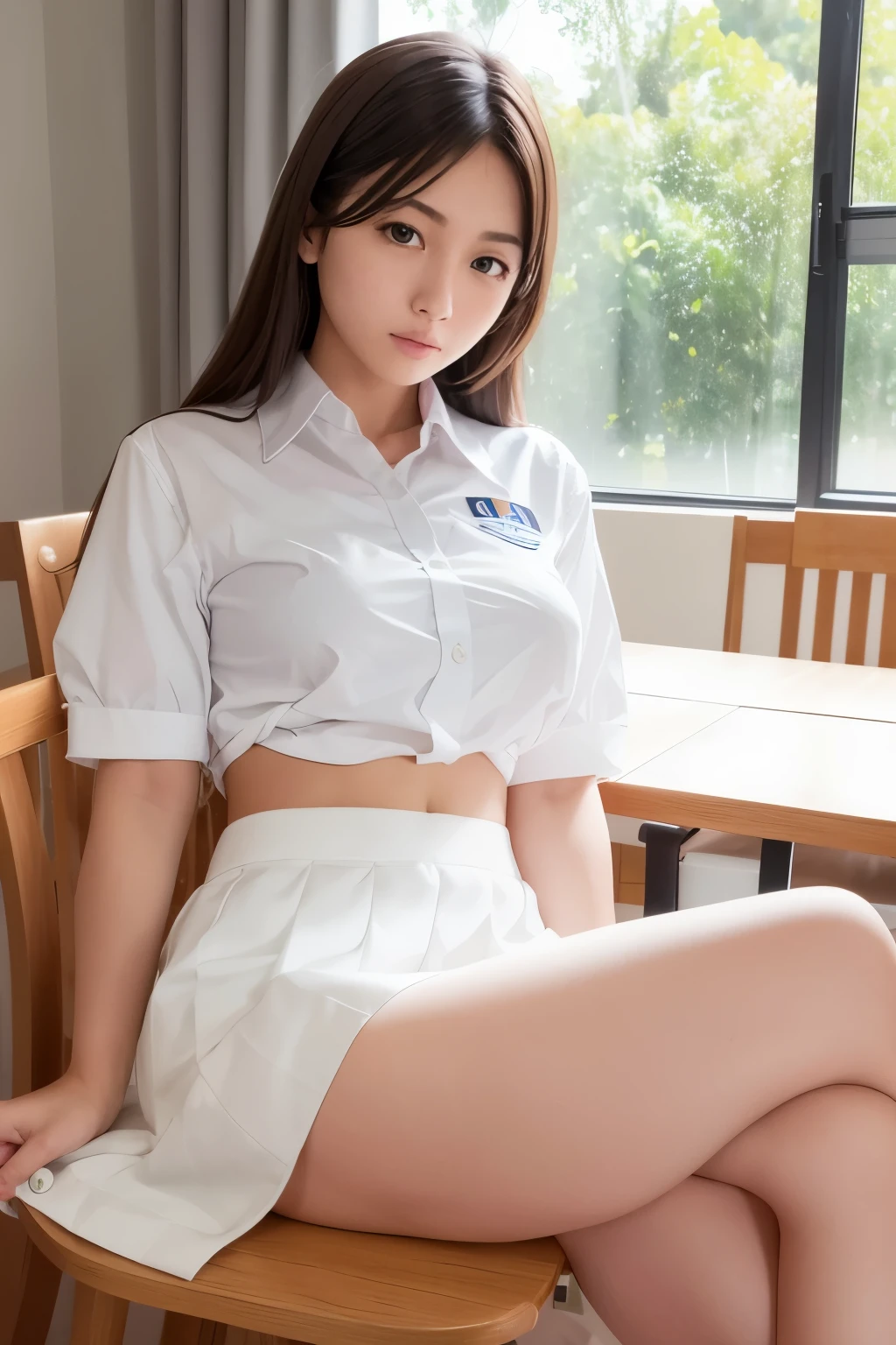 Japanese、high school student、Beauty、Facing forward、Kind eyes、Smiling Kindly、He is wearing a long navy blue short-sleeved polo shirt、She is wearing a tight grey itting in a chair、Hands outstretched、((Her white underwear is visible between her skirt and legs.))、(Wearing white panties)、She is facing the camera with both knees together.、Anatomically correct body、