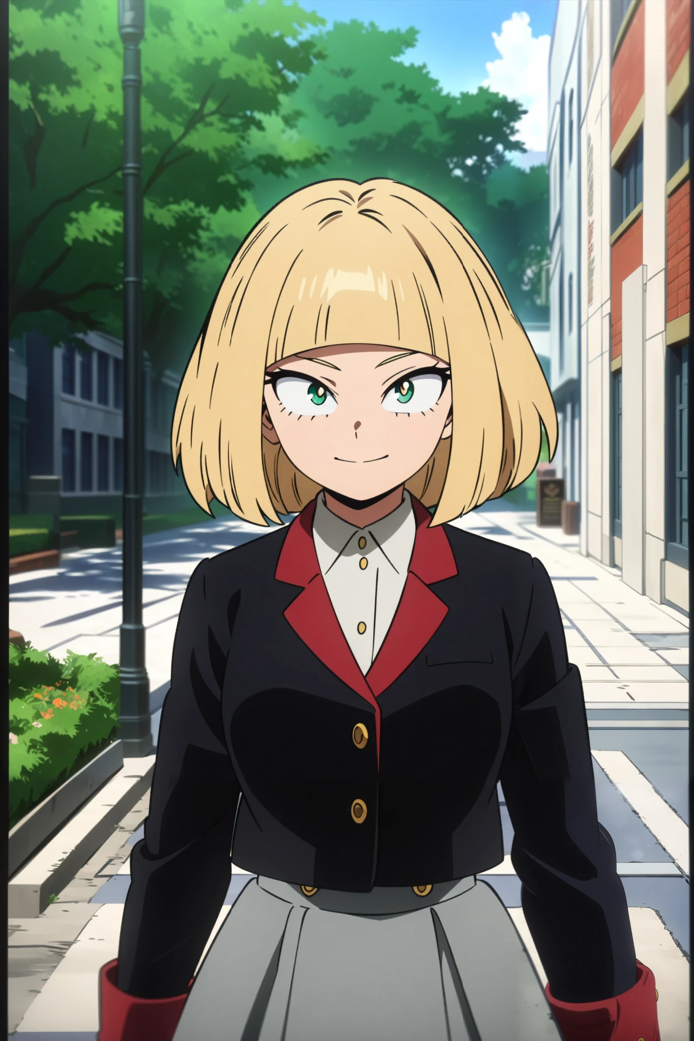 1girl, -yeld, ((ALE)), portrait of a young classic, light blonde straight haircut with bangs. Sporting a crimson scholar blazer and gray skirt. Walking pass cherry blosoms of a city park.
Small smile, daytime, detailed anime lighting, colorfull.
As My Hero Academia character, MHA style, anime style, my hero academia, boku no hero academia, animated. Anime, Best Quality, Masterpiece, High Resolution, 4K, perfect body, perfect eyes, perfect eyes, Full Quality, colorfull, Looking at viewer, Anime, Anime Style, High Resolution.