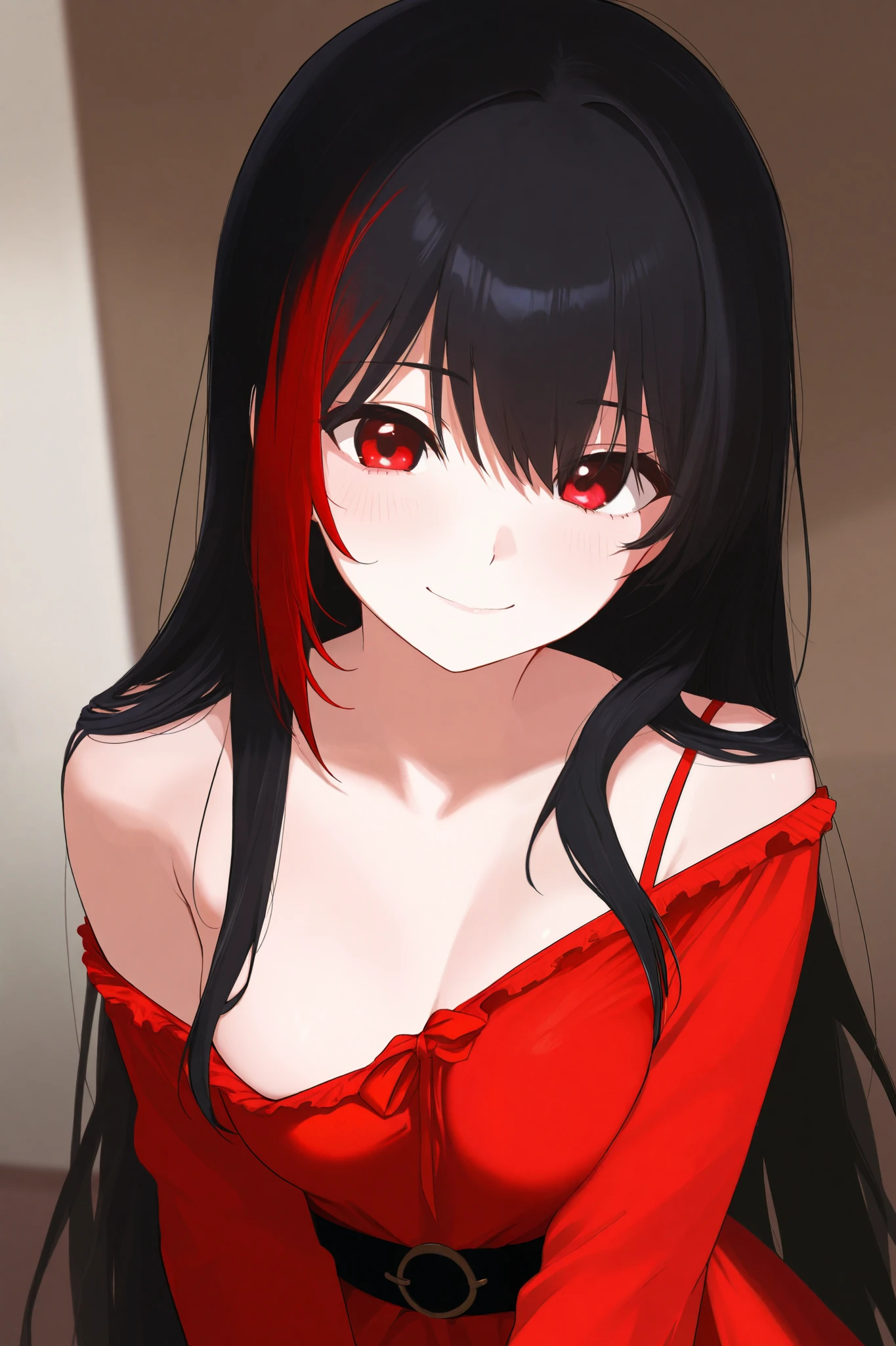 woman, 30 years old, almost pale white skin, long black hair with a red streak and a horn just on the left side of her head. Her eyes are red the same color as her locks. Wrapped in a towel after getting out of the shower in a luxuous hotel, smiling.