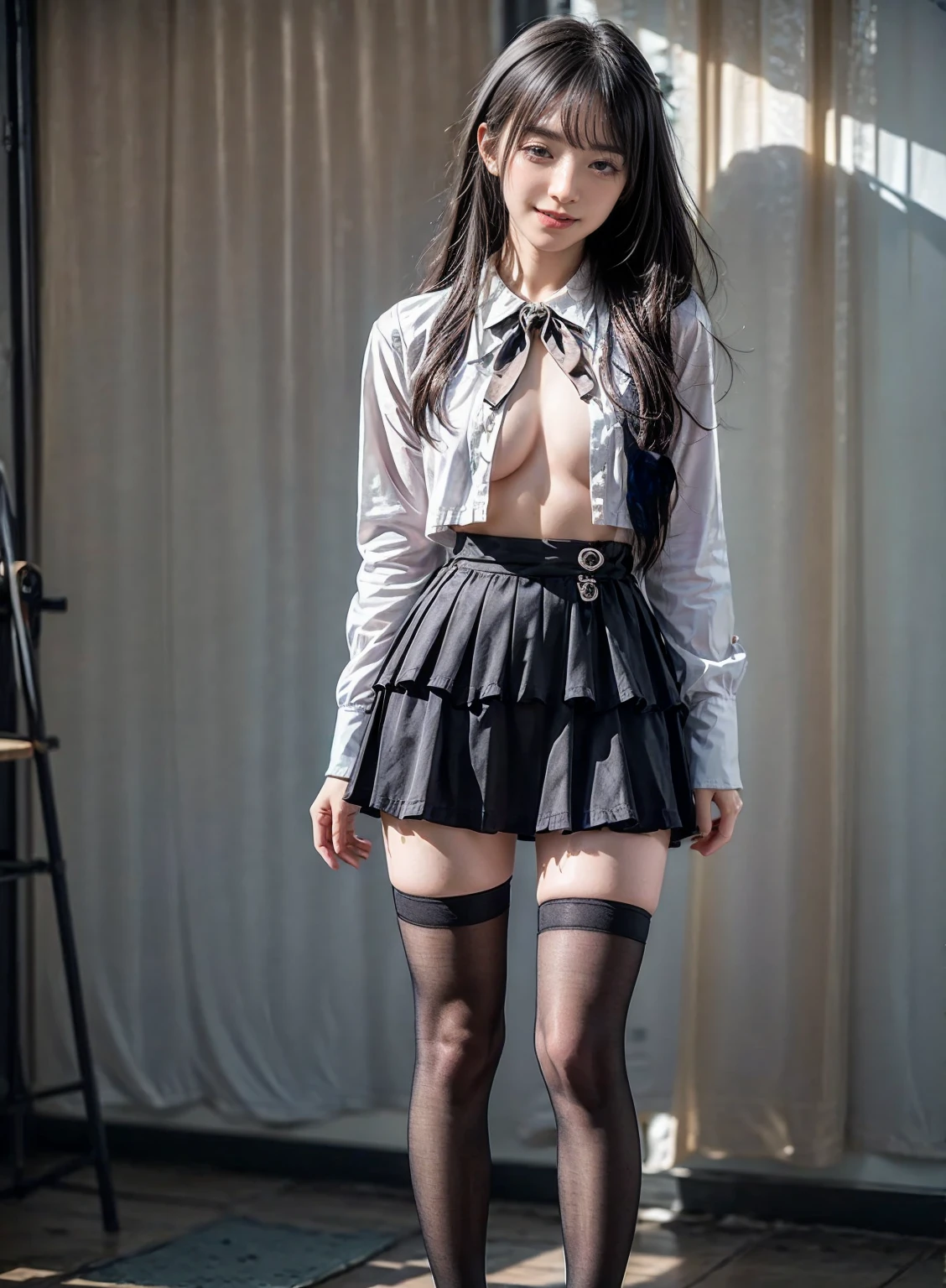 (Medium breast:1.4),(open clothes:1.4),Best quality,masterpiece,ultra high res,(photorealistic:1.4),1girl,(black thigh highs:1.6),(short skirt:1.5)