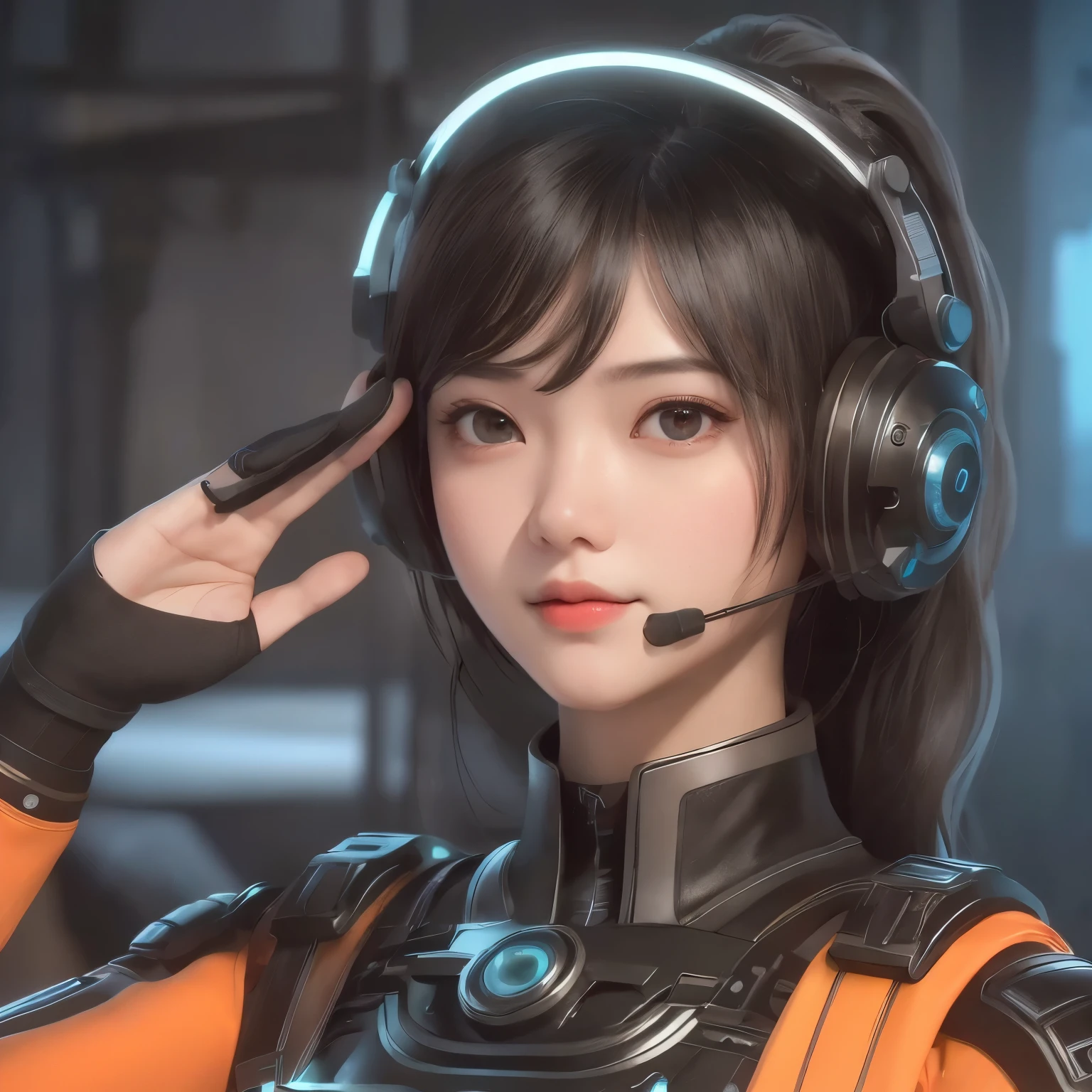 Top Quality, Masterpiece, Ultra High Resolution, (Photorealistic: 1.4), Raw Photo, 1 Girl, black hair, Glossy Skin, (((Ultra Realistic Details)), Portrait, Global Illumination, Shadows, Octane Rendering, 8K, Ultra Sharp, Intricate Ornaments Details, realistic skin, sweat effect, very intricate detail, realistic light, CGSoation trend, brown eyes, glowing eyes, matte black and neon orange bodysuit, Long hair, half body shot, spaceship bridge background, dynamic pose, close up, smile,