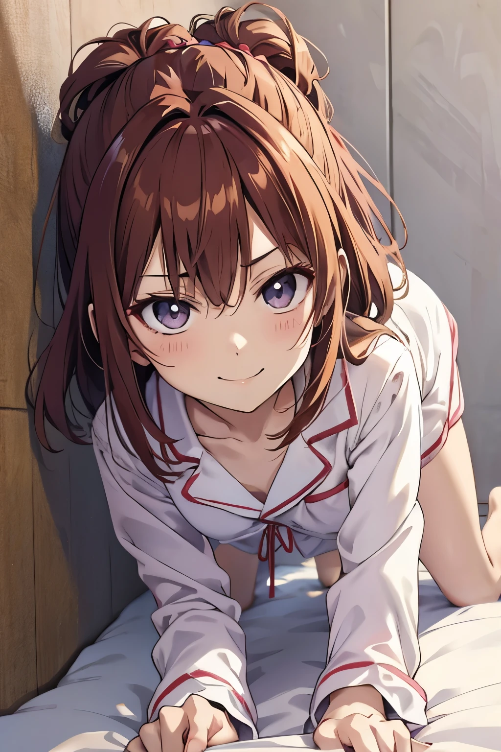 Simple Background,(anime:1.3),Detailed face,Detailed Description,1girl,Brown hair,Two Side Up,(Teasing smile:1.3),Detailed hair,Upward glance,From above,Office Shirt,pajamas,Cleavage,Flat breasts,(Half-open eyes,Squint eyes:1.3),(Petite,li),bedroom,onbed,On all fours