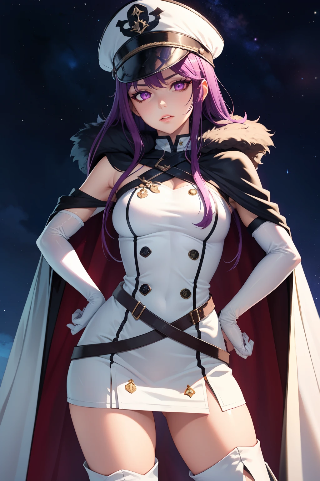 ivy fe, purple hair , long hair,purple eyes ,glossy lips, light makeup,cape ,military uniform,white military hat,sleeveless, white skirt,white thigh-high boots, white elbow gloves, sinister villianess look, hands on hips, night sky background