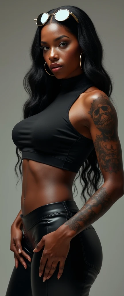Very sexy woman age 33, Indian female, muscular arms and biceps with abs, sweaty body, full of tattoos, full body length photo, looking straight at the camera, full body length shot, massive boobs 38D wearing Nike tracksuit, 4k HD.