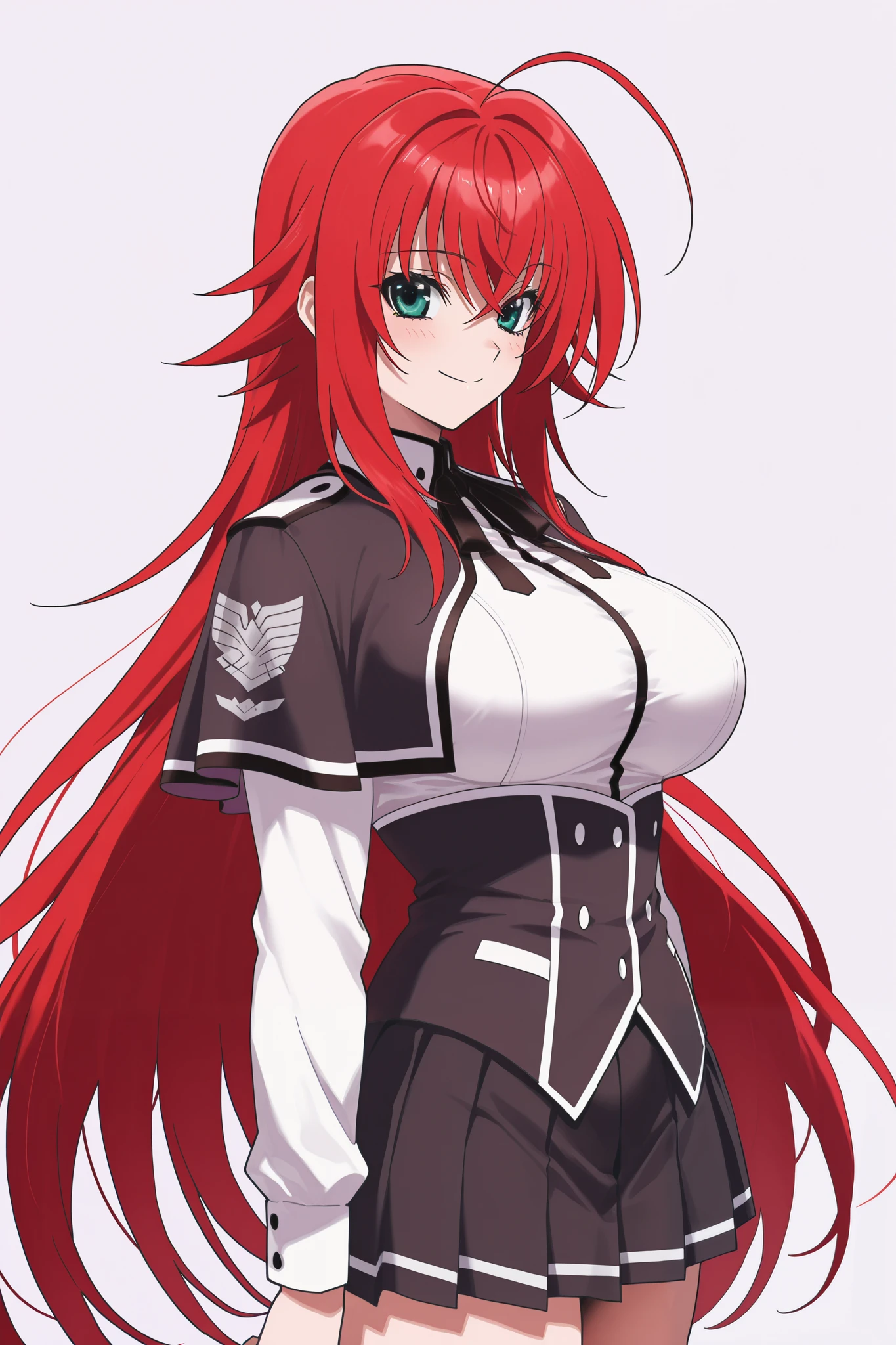 NSFW,masterpiece, best quality , high resolution, very detailed on trends, Rias Gremory 、Huge ahoge、 long hair、Hair between the eyes、 green eyes、Red Hair、 shirt、ribbon、uniform、白い shirt、黒いribbon、ネックribbon、 capelets、黒い capelets、 Long Sleeve、 skirt 、赤い skirt ,smile