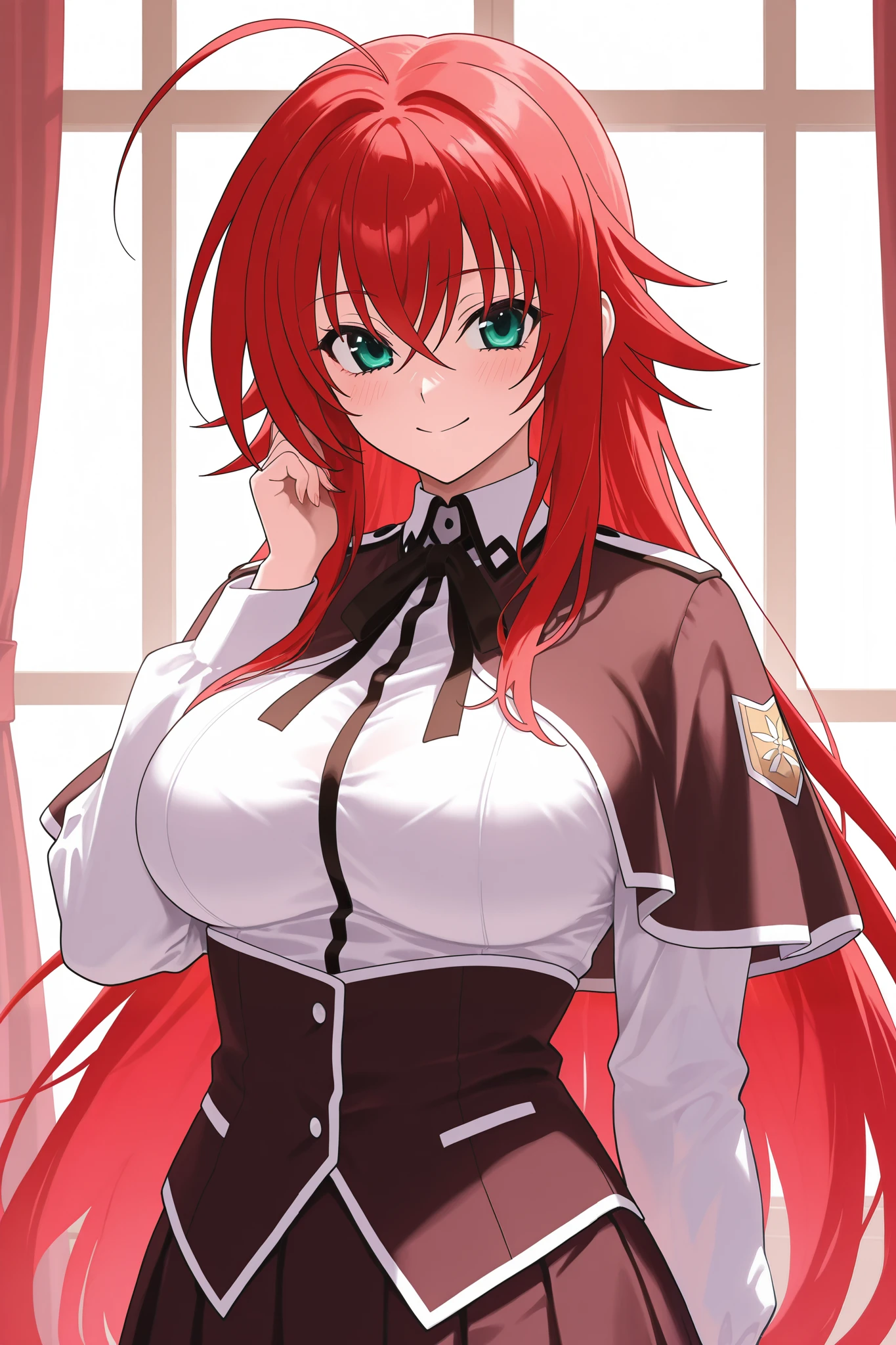 NSFW,masterpiece, best quality , high resolution, very detailed on trends, Rias Gremory 、Huge ahoge、 long hair、Hair between the eyes、 green eyes、Red Hair、 shirt、ribbon、uniform、白い shirt、黒いribbon、ネックribbon、 capelets、黒い capelets、 Long Sleeve、 skirt 、赤い skirt ,smile