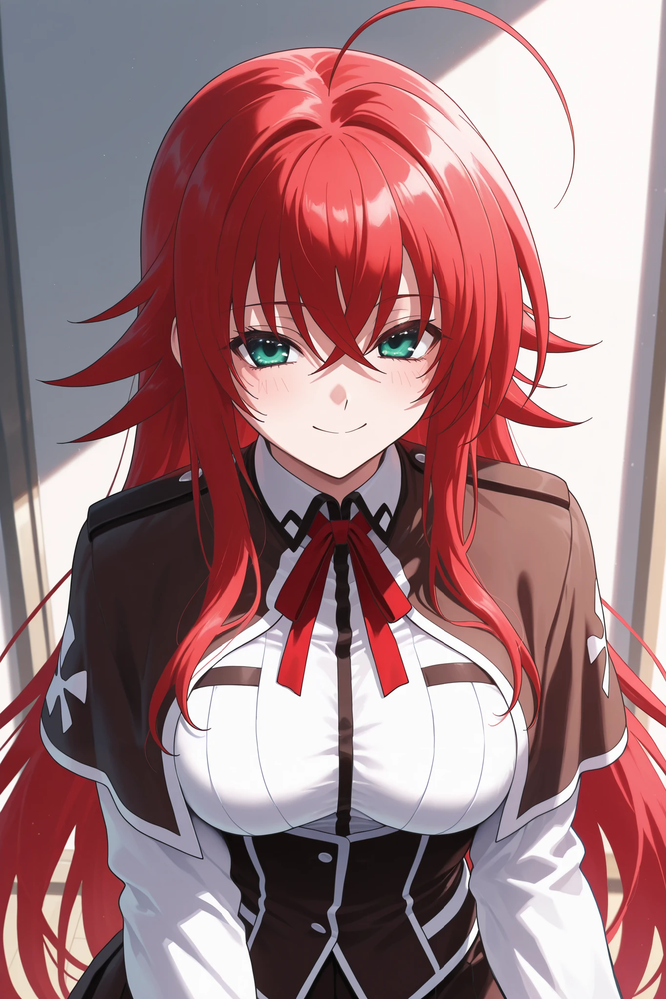 NSFW,masterpiece, best quality , high resolution, very detailed on trends, Rias Gremory 、Huge ahoge、 long hair、Hair between the eyes、 green eyes、Red Hair、 shirt、ribbon、uniform、白い shirt、黒いribbon、ネックribbon、 capelets、黒い capelets、 Long Sleeve、 skirt 、赤い skirt ,smile