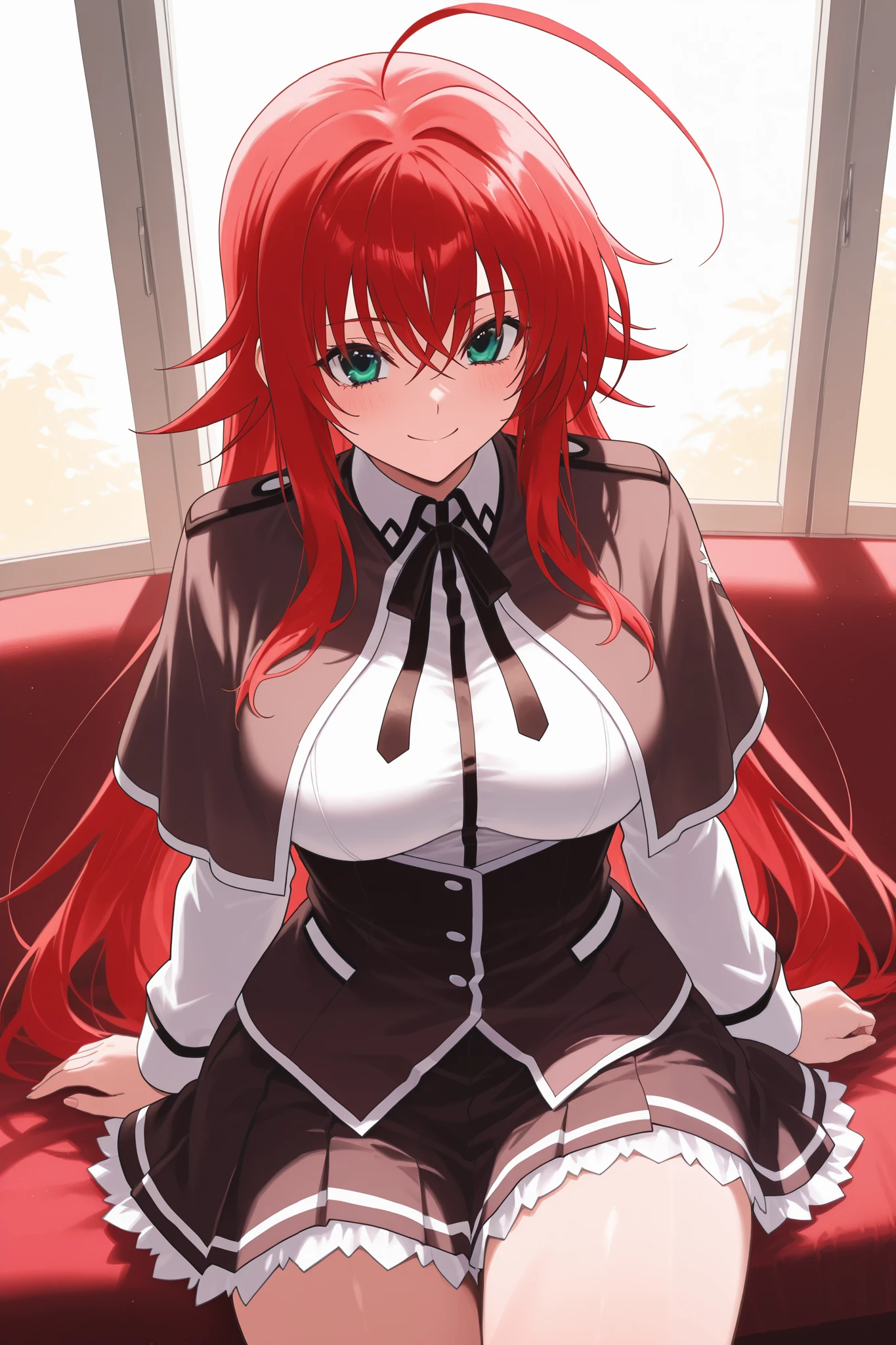NSFW,masterpiece, best quality , high resolution, very detailed on trends, Rias Gremory 、Huge ahoge、 long hair、Hair between the eyes、 green eyes、Red Hair、 shirt、ribbon、uniform、白い shirt、黒いribbon、ネックribbon、 capelets、黒い capelets、 Long Sleeve、 skirt 、赤い skirt ,smile