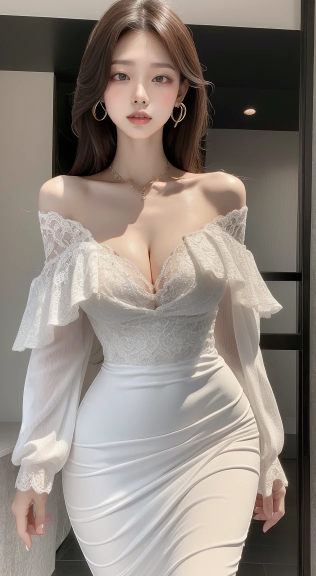 (8K, Highest high resolution:1.3), 1 girl with a perfect body, Super fine face,eyes with brightness,random hair style, Shoulders exposed,((Bandeau dress,wedding gown,tight-fitting,huge tit)), Expose cleavage,Exposing thighs