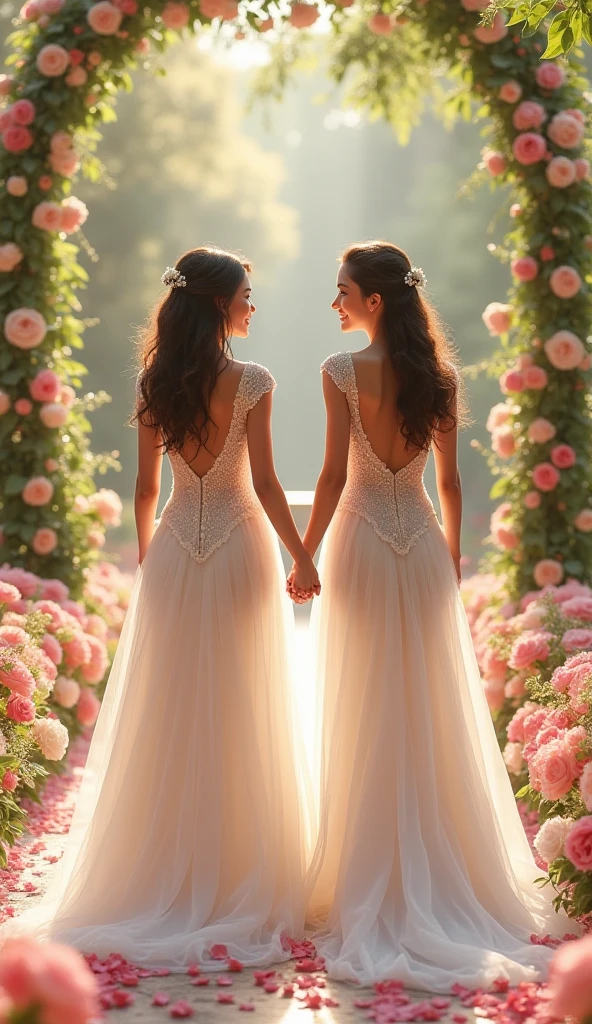(best quality,ultra-detailed),(realistic:1.37),(HDR,UHD),soft lighting,romantic atmosphere,beautiful detailed hair,emotional expressions,gentle touch,delicate lace veil,vibrant colors,endless love,subtle makeup,sunlit garden,flower petals falling,loving gaze,happy tears,fingers intertwined,magic in the air,tender kiss,intimate moment,sunshine streaming through trees,whispered promises,transcendent beauty,joyful celebration,natural and candid,happy forever,forever cherished memories,eternal union,blissful serenity