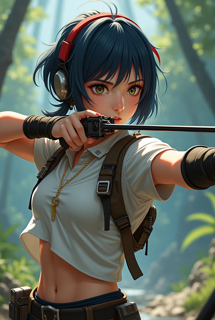 Shooting an iron bow and arrow, gaze of moist eyes with long eyelashes, steel vest revealing feminine cleavage, punk gimmick trick, look this way, chain mail shorts, soft abs visible, bedrock knee pads, tattoos on thighs, archery girl with a serious look, black hair in a ponytail with a ribbon, wearing a friendship bracelet, skilled in combat techniques, sniper mentality, archery is shooting arrows with a Japanese bow, a competition based on archery in ancient martial arts, archery trial, wearing a lamp watch, archery target in the distance, leather sash fluttering, sweat, black hakama, shrine in an old abandoned mine, blurred background,