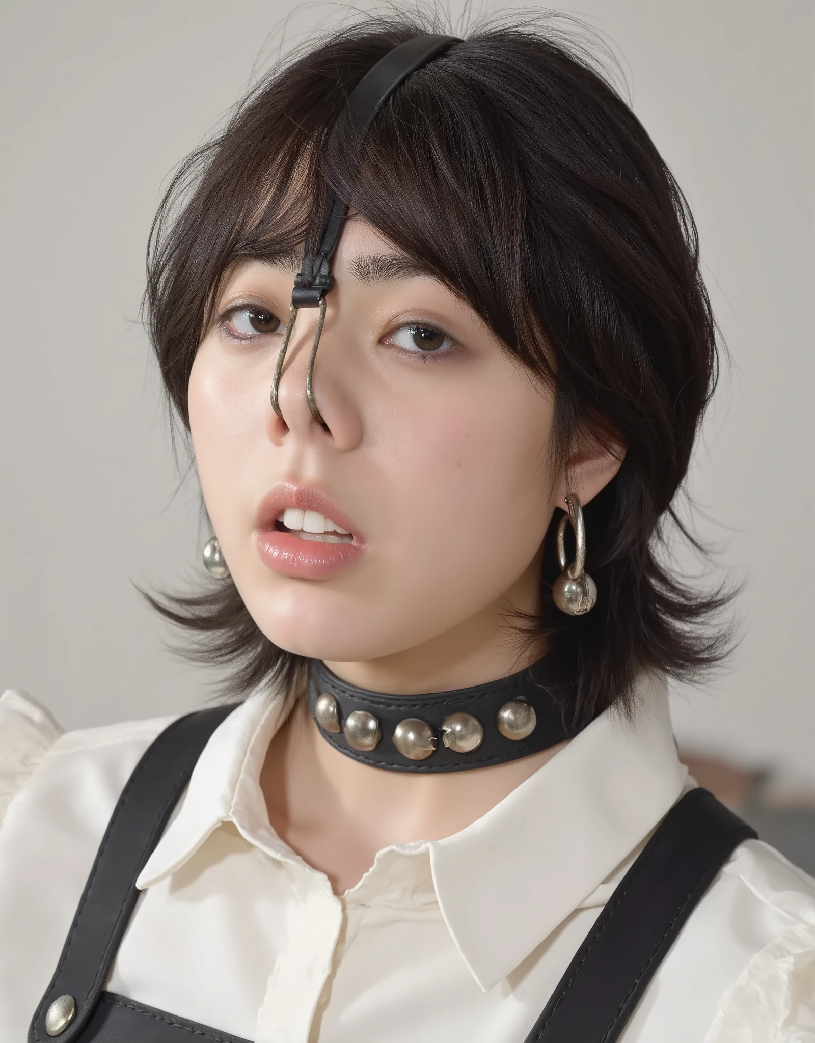 A high resolution photograph of a young Japanese woman, fashion shoot, portrait, face focus, (middle parted bangs, nosehook with strap wrapped around head top, choker with jewelry), embarrassed, sadness, looking at the camera, view from below,