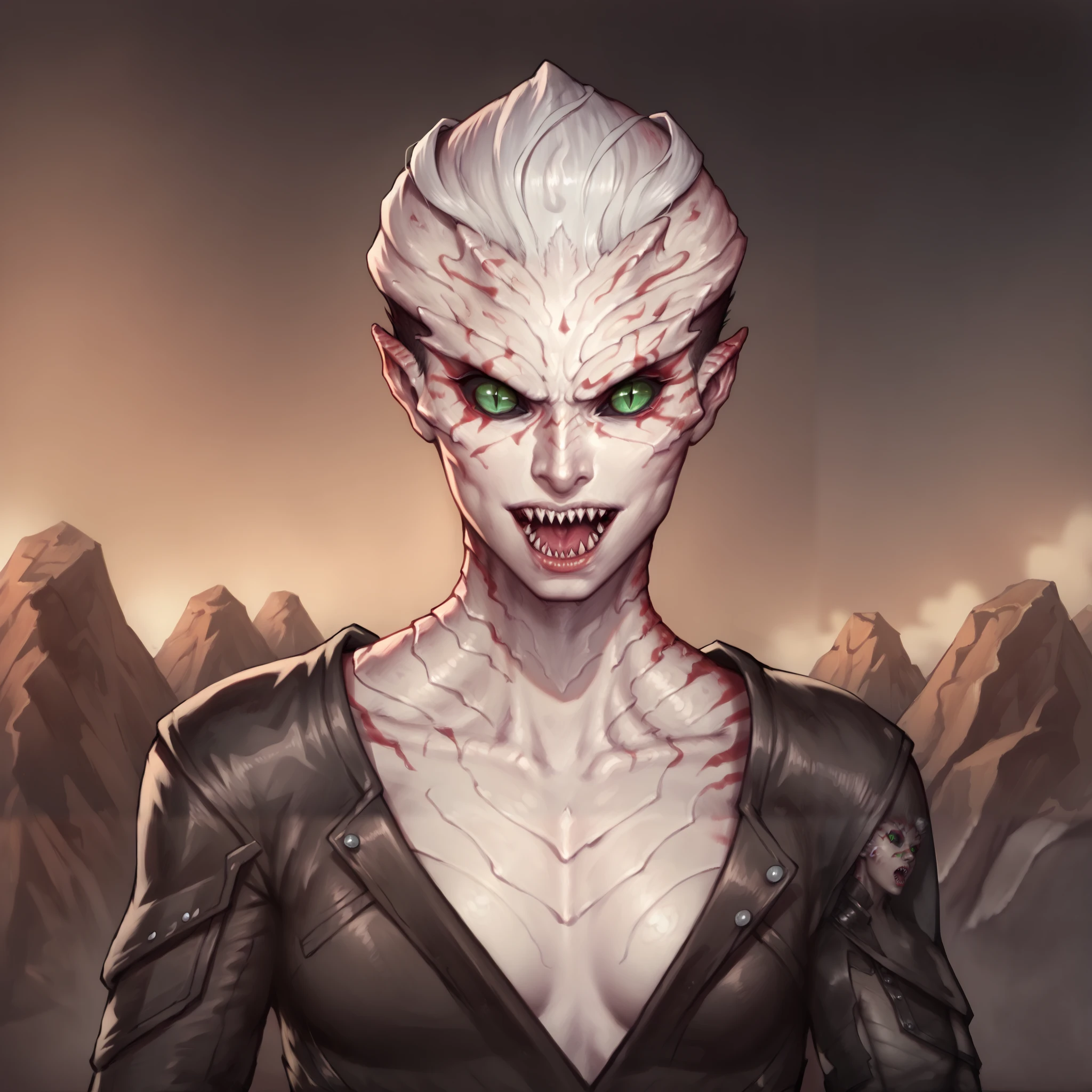 (((beautiful, high quality, comics style, detailed face))), score_9, score_8_up, score_7_up, BREAK, portrait, solo, 1girl, female ((parshendi, alien, carapace:1.1, white skin with red marbling, black sclera, slit pupils, scales)), green eyes, white hair, undercut, messy asymmetrical bob hairstyle, (((Mmouth, open mouth, sharp teeth))), slender, small breasts, black studded jumpsuit, cropped cloak, leather bracers, fantasy background, blurred background, zPDXL3, detailxl, DeepNegative_xl_v1