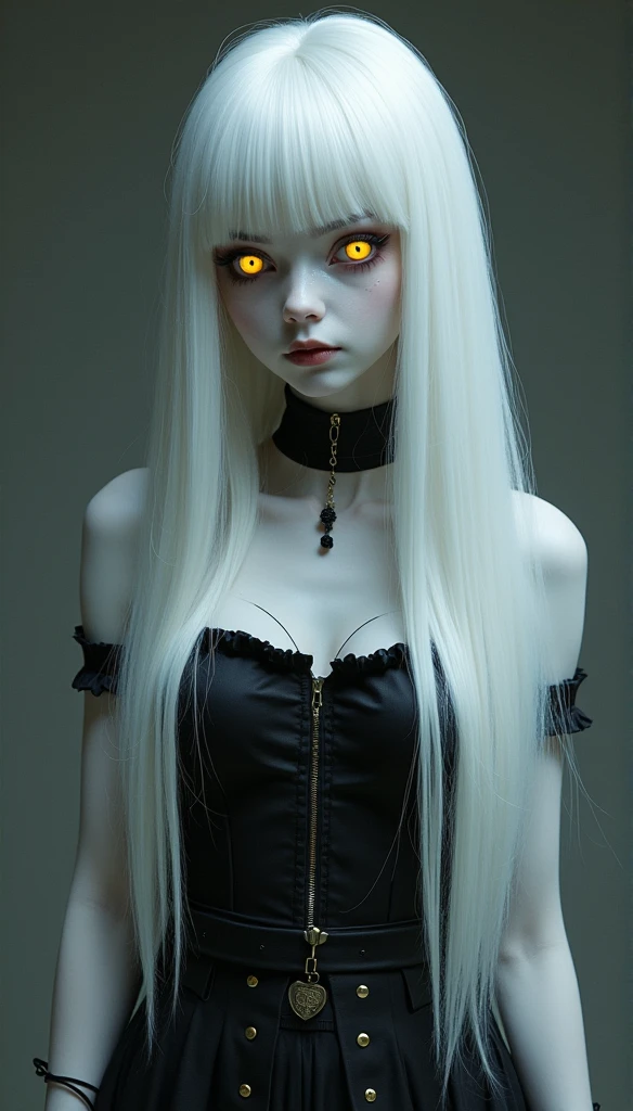 white skin and reflective eyes,  Albino Mysterious Figure , Long white hair,  very long straight hair, Short bangs, Albino white skin, Pale yellow eyes, Please wear clothes, White Witch,  lots of merlot , Pale Goth Beauty, Pale face,  Bust Size 36DD inch ,  waist size 24" , High Hip Size 36" , Hip Size 36" ,  Sheriff wearing, full body, orelhas puntudas, chifres brancos. sorriso gentil  