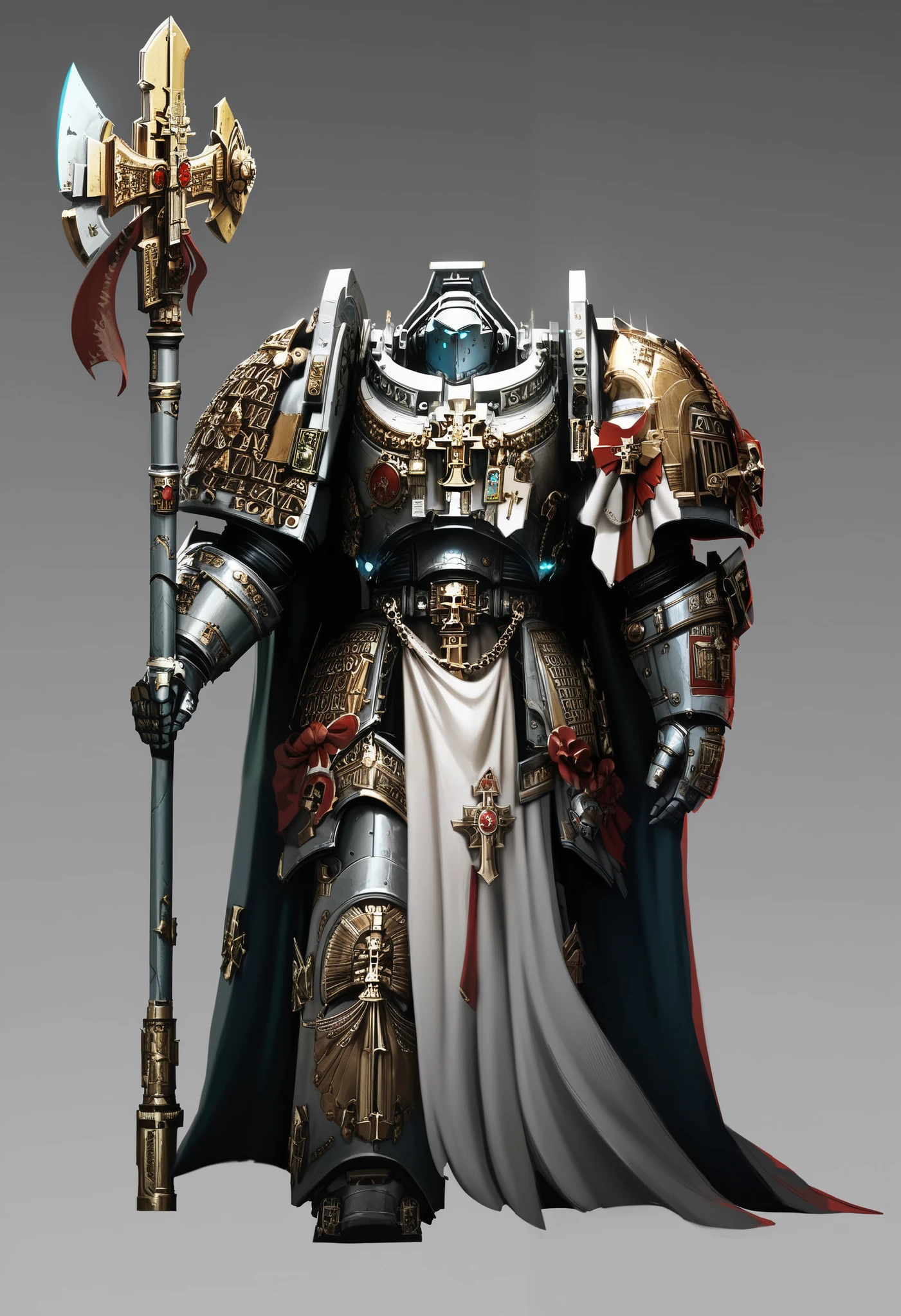 Anime, Concept art, Absurd resolution, high resolution, (masterpiece: 1.4), hyper-detail, warhammer 40k, full body, glowing weapon, cloak, armor, trimmings, edgy, grimdark, octosoup, 1man, bulky, buff, plume, loin cloth, crusader helmet, reference sheet, iron halo, GreyK40k, full shot, Holding_Halberd_V1, power armor, Solo, standing in a desert,