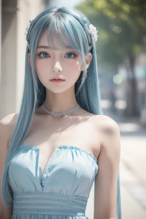 masterpiece, blue Hair, Disheveled long hair, Street background, beautiful, elegant. Extremely fine detail, Master Works, Authentic texture, Realism in film lighting, Perfect job, 16k, High resolution, exquisite features,blue eyes、Japanese Idols、Beautiful face、Cute Smile、blue hair、ponytail、glamorous、( Big Breasts、pink nipples)< Bright big eyes, Smooth skin, Earrings, necklace, (Lots of tattoos), nude, pink nipple