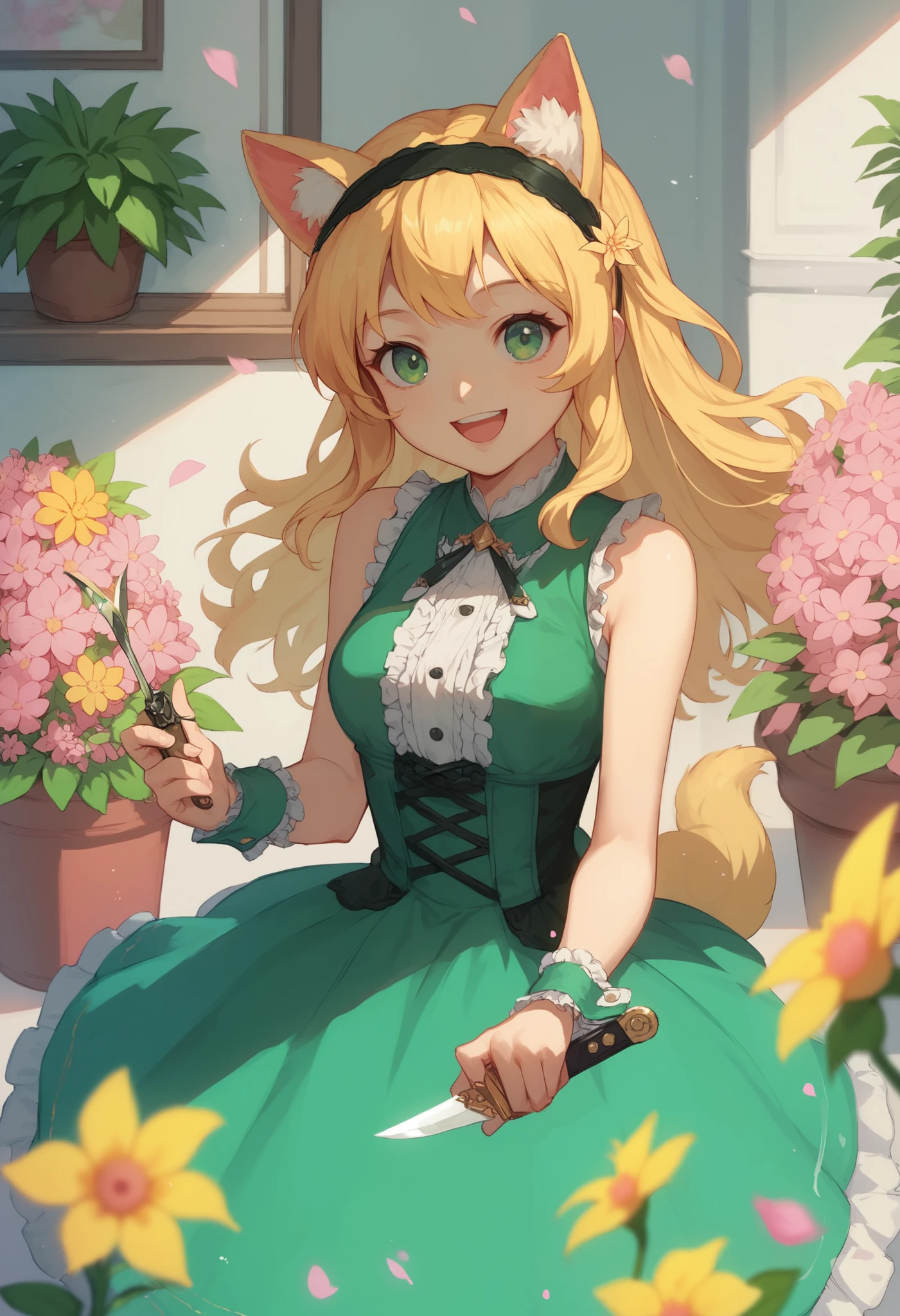 1 girl, :d, animal ears の毛, animal ears , bangs, black hair band, BLONDE HAIR , Blur, Blur background, depth of field, dress, flower, flower pot, frilled dress, frills, green dress, green eyes, hair band, holding, long hair, open your mouth, Pink Flowers , plant, potted plant, sketch, sleeveless, sleeveless dress, smile, Alone, Tail, wrist cuffs, yellow flower, 1980s ( style), cute anime,Crazy Smile,Holding a knife