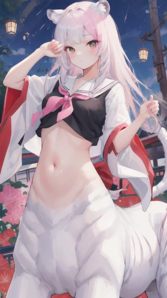 (best quality, masterpiece), 1 girl, centaur, I beg, White skin, Japanese schoolgirl, daughter, black pink, exposing the abdomen, nudity , beautiful girl perfect, White tiger photo, 완벽한  White tiger photo