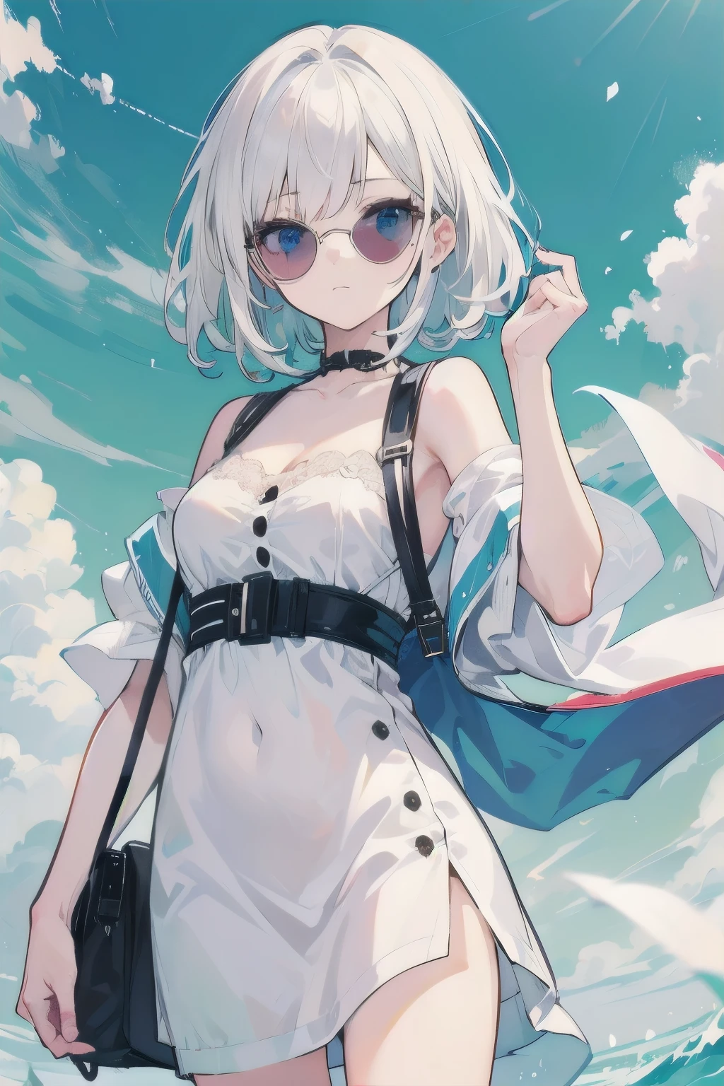 kawaii, anime style, masterpiece, best quality, ultra detailed, ar old,autiful girl, cool, fragile, lovely, cute, big eyes, short silver hair, small_breasts, a delicate, well-proportioned body, a swimsuit(white, cute one-piece, frilled, shoulder strap),