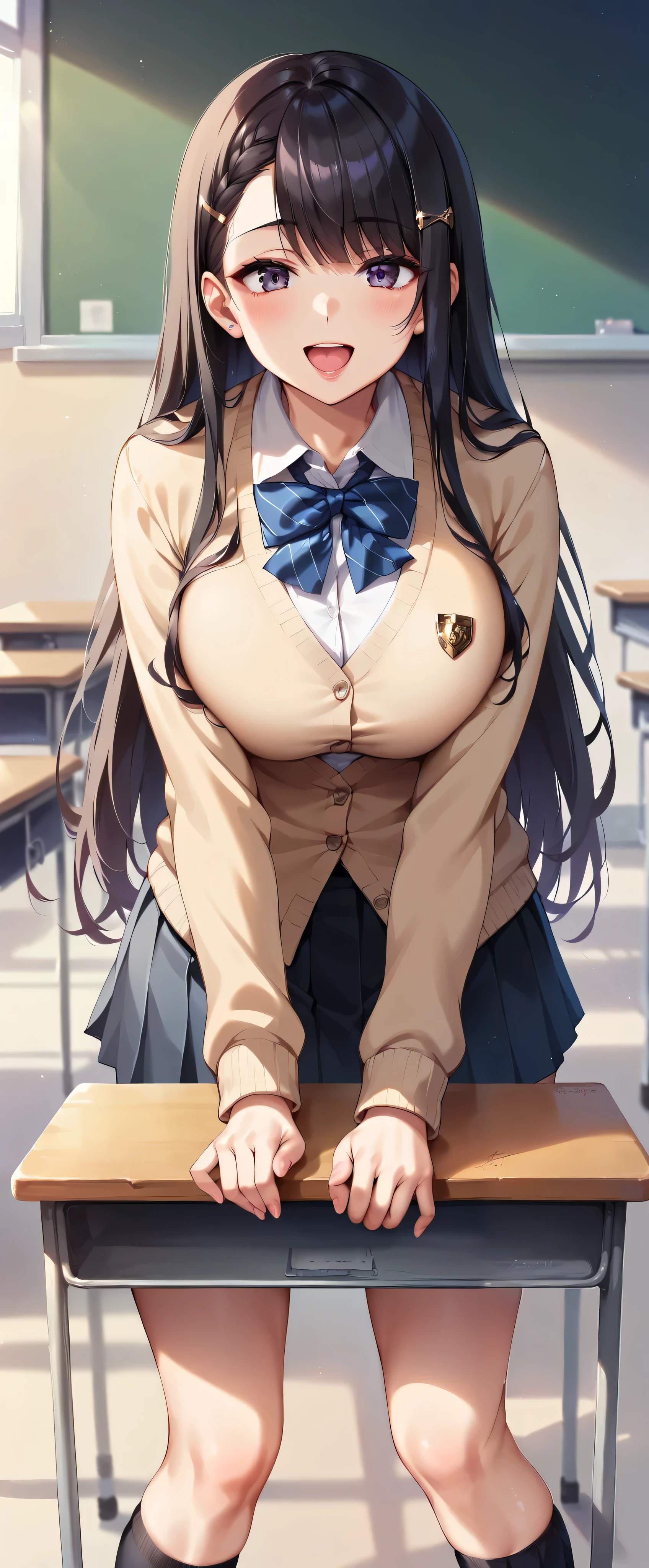  high resolution,32K,masterpiece, best quality , Super High Definition, Detailed Beautiful Face and Eyes , Hiromitsu Takeda , Japanese girl, black hair, long hair,  asymmetrical bangs  , hairpin,(+ heatstroke+ open your mouth+ enchanting smile), radiant skin ,school uniform, beige cardigan , BLACK PLEATED SKIRT , clevis on a stone,( lean forward,Put your right hand on the desk ,),  from the front  , watching viewers ,(  stormed my classroom )( cleavage in years),Big ,(( put your left hand in your hair)), lip gloss