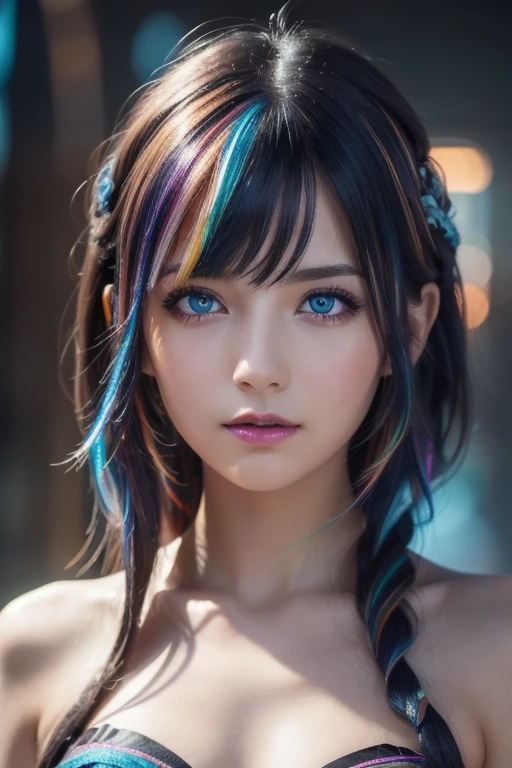 extremely detailed CG,UHD wallpaper, Extreme details,(realistic:1.2),(((best quality))), ((ultra-detailed)), (cute detailed face:1.2), {{highly detailed face}},beautiful and aesthetic,1girl,(masterpiece:1.4),glowing skin,strong rim light,dramatic shadows, intense shadows, SIGMA 35mm F1.4, ISO 200 Shutter Speed 2000,Photorealism,{photorealistic}, photogenic,Illustration, Girl, detailed manga illustration, finely detailed,HIGH RES,Stunning art,{{intricate detail}},(((beautiful detailed lighting))),beautiful detailed colorful eyes, dynamic fuzziness, intricate light, detailed clothes, rouge,full-length photograph,cyberpunk,Cyborg,sci-fi,city,cyberpunk busy city street,airship,fluorescence,
hair up,hair over one eye,iridescent color hair,blue hair,purple eyes,raised eyebrow,school uniform,hair ornament,