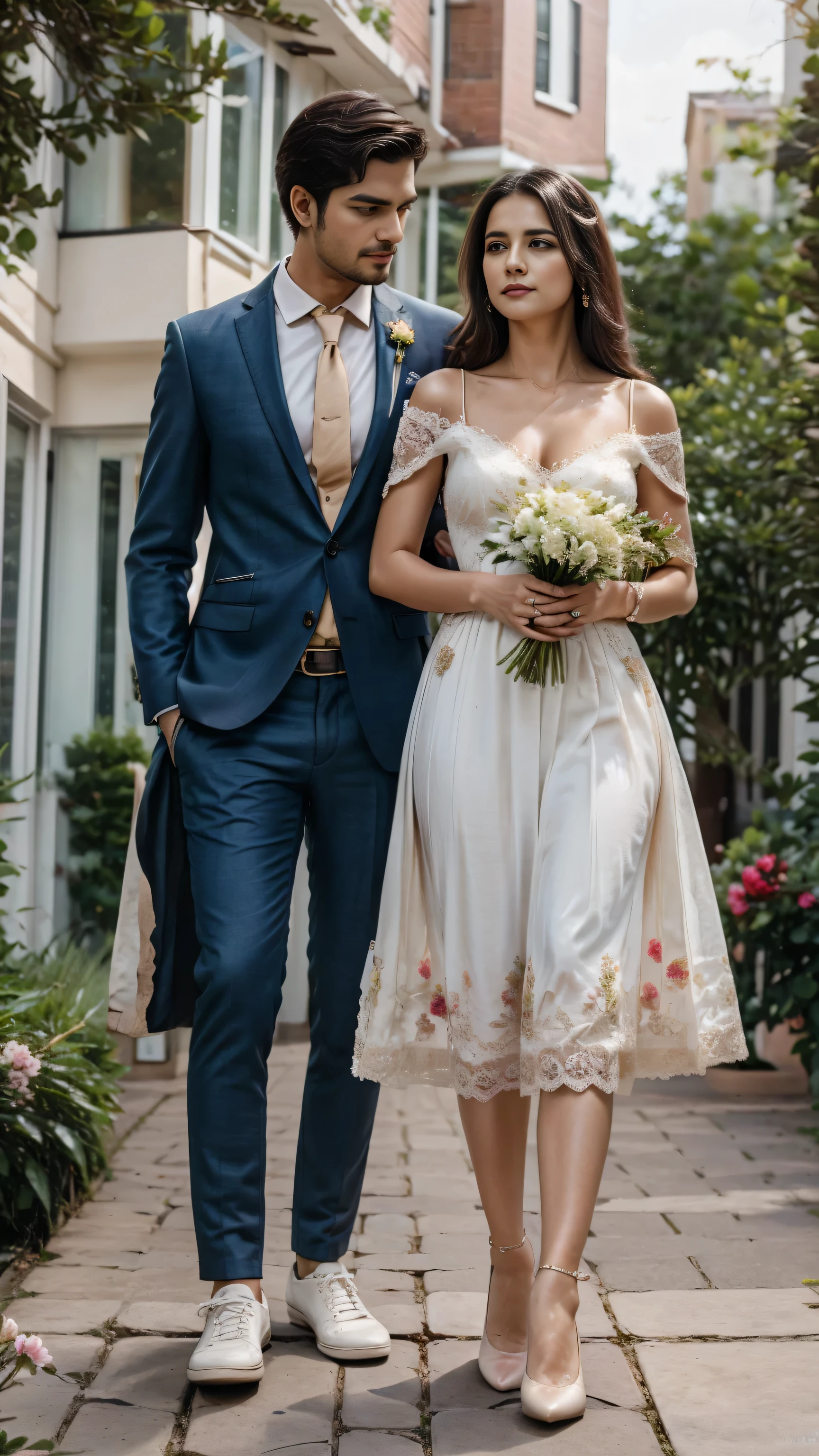 Generate Beautiful photo of husband and wife, a lovely couple, her wife is little sad and therefore his husband is Purposing with Red rose, the scenery is taken from flower garden, there personality is reach, both are the most beautiful creation, her wife in blue frock and white shoes, wife is full with gorgeous body and looks,thick and tall,while men wearing suit and pant, there pairs is awesome lovely,came with single Red rose in hand, and pirposed beautifully, then the image is captured in camera, high quality image, blowing wind, day time, beautiful couple, husband in purposing body posture and wife standing closed to her