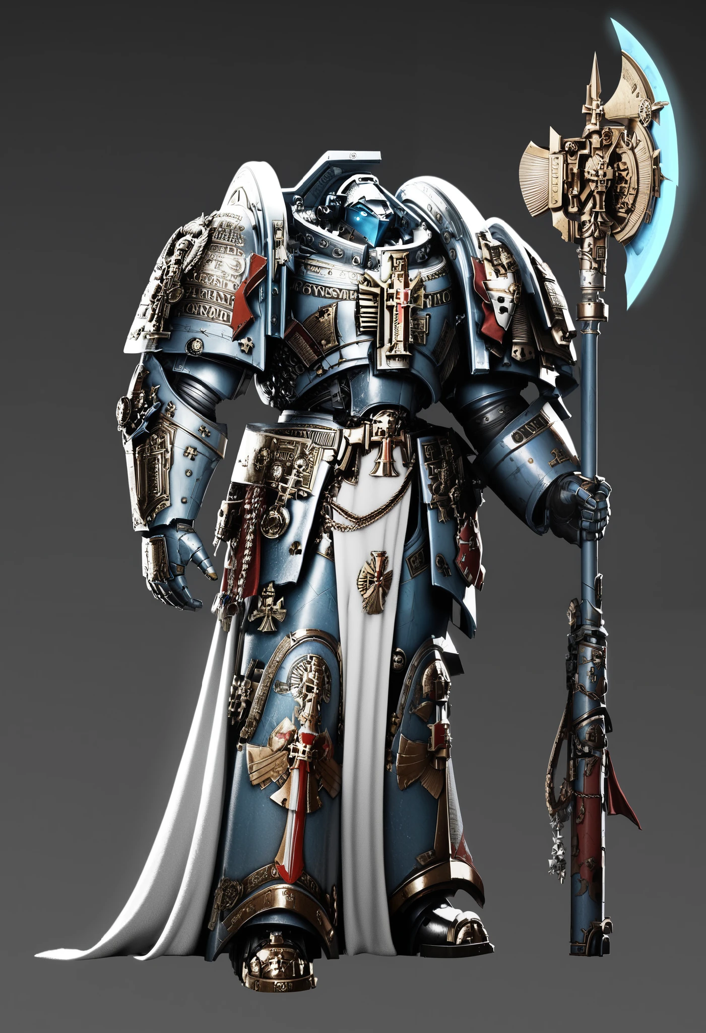 Anime, Concept art, Absurd resolution, high resolution, (masterpiece: 1.4), hyper-detail, warhammer 40k, full body, glowing weapon, cloak, armor, trimmings, edgy, grimdark, octosoup, 1man, bulky, buff, plume, loin cloth, crusader helmet, reference sheet, iron halo, GreyK40k, full shot, Holding_Halberd_V1, power armor, Solo, standing in a desert, octosoup