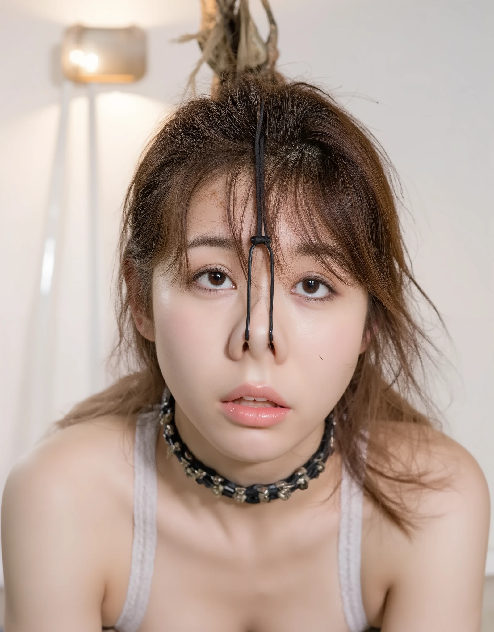 A high resolution photograph of a young Japanese woman, fashion shoot, portrait, face focus, (middle parted bangs, nosehook with strap wrapped around head top, choker with jewelry), embarrassed, sadness, looking at the camera, view from below,
