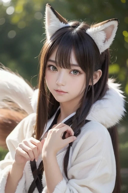 ((Highest quality)), ((masterpiece)), (Familiar), Perfect Face, fox lady, Pretty girl, Fox Ears, Fox tail, She has a northern fox tail, She wags her fluffy tail, fur collar, Beautiful hip line, Big , Thick thighs, A big tail growing out from under the skirt, Nice body, On all fours , Shyly staring at his tail, Only one tail, a shy face, picnic