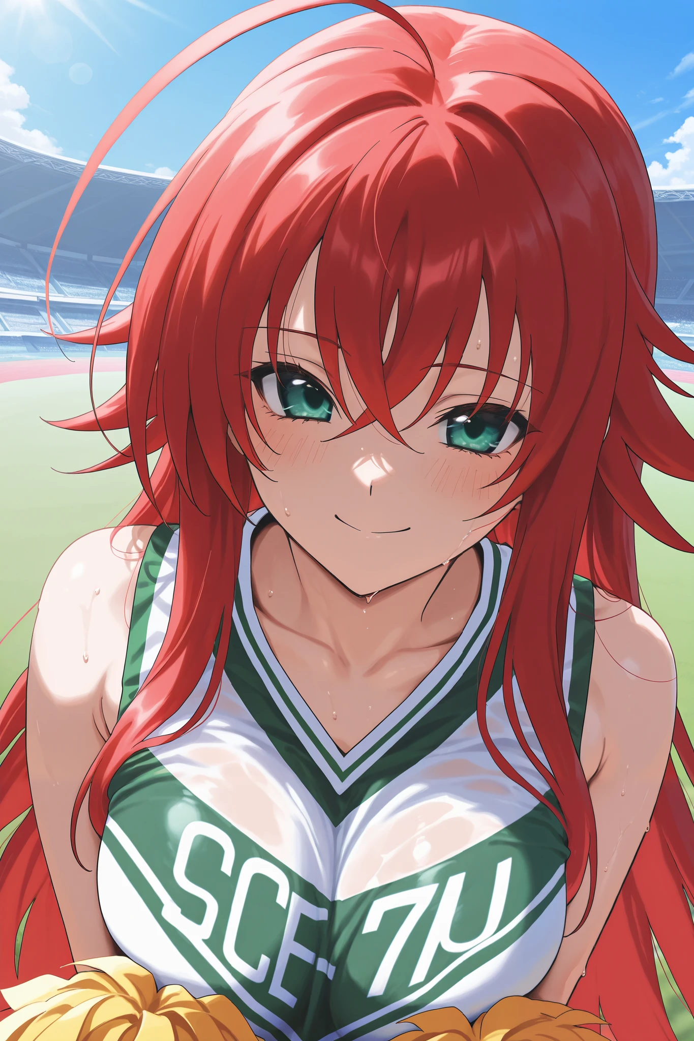 NSFW,masterpiece, best quality , high resolution, very detailed on trends, Rias Gremory 、Huge ahoge、 long hair、Hair between the eyes、 green eyes、Red Hair、 cheerleader,smile,sweat, athletics stadium