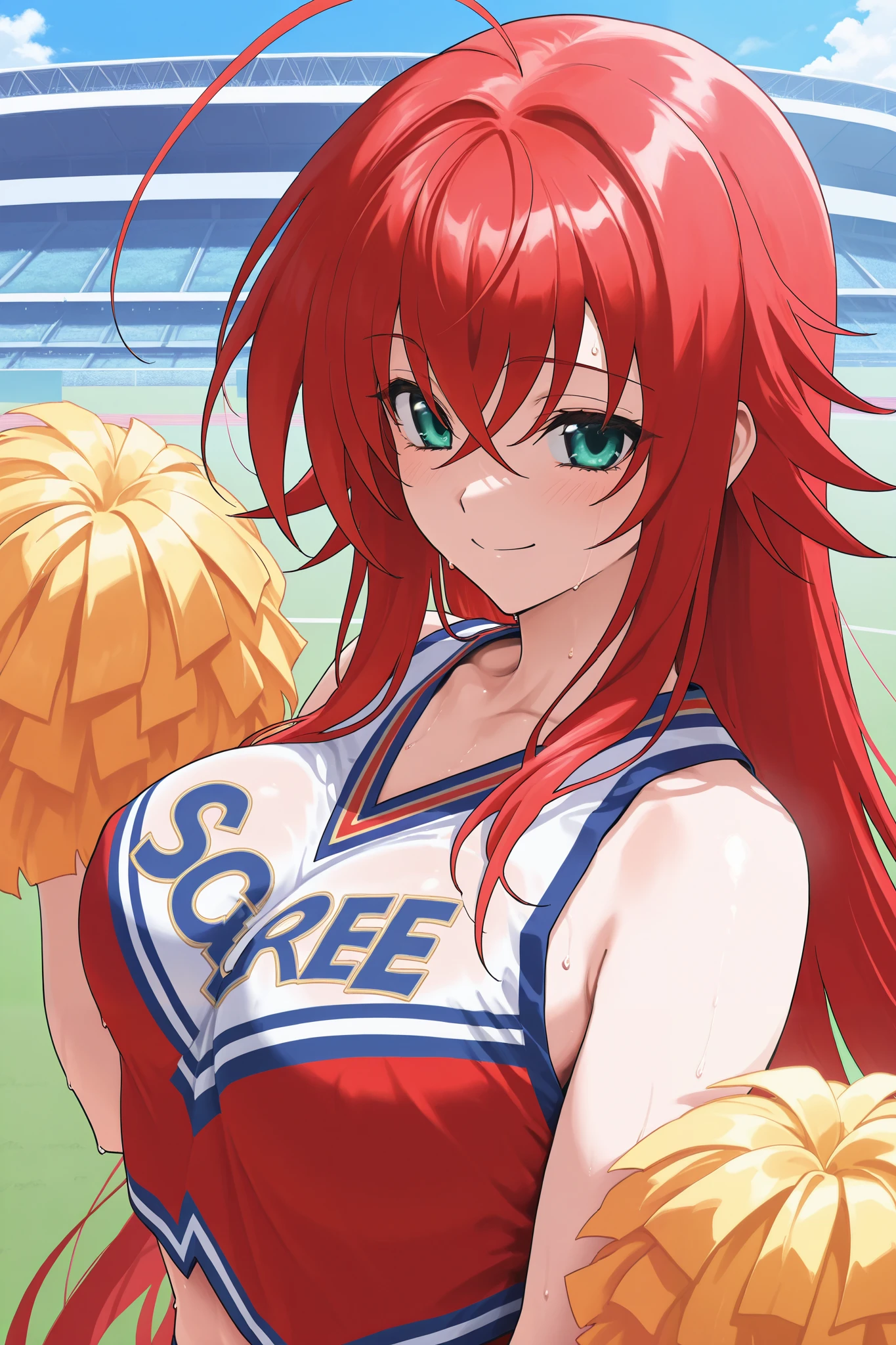 NSFW,masterpiece, best quality , high resolution, very detailed on trends, Rias Gremory 、Huge ahoge、 long hair、Hair between the eyes、 green eyes、Red Hair、 cheerleader,smile,sweat, athletics stadium