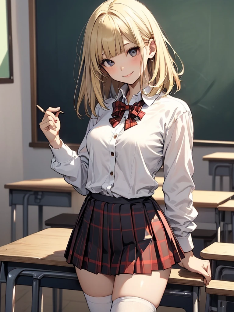 (masterpiece、Highest quality、Very detailed))、One girl、gyaru、Blonde、straight hair、Two knots、Grey Eyes、evil smile、((Grin))、((lots of piercing))、Large 、((White collared shirt))、((A bow tie))、((cardigan))、((Black pleated skirt))、((micro miniskirt))、((Thick waist))、Cowboy Shot、Classroom Background