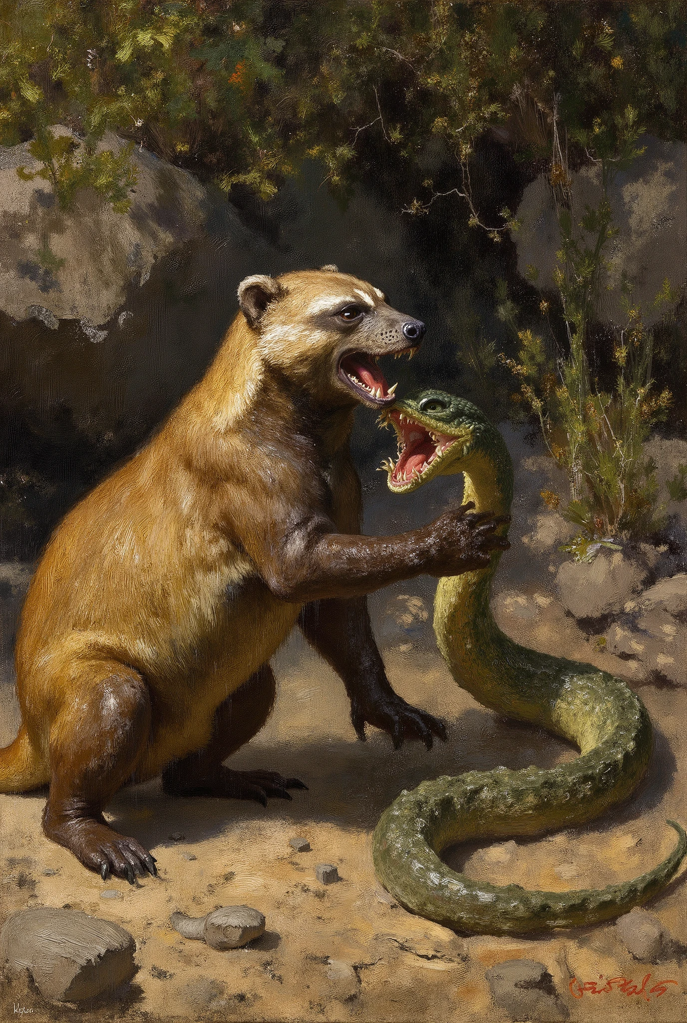 oil painting of a honey badger winning a battle against a serpent