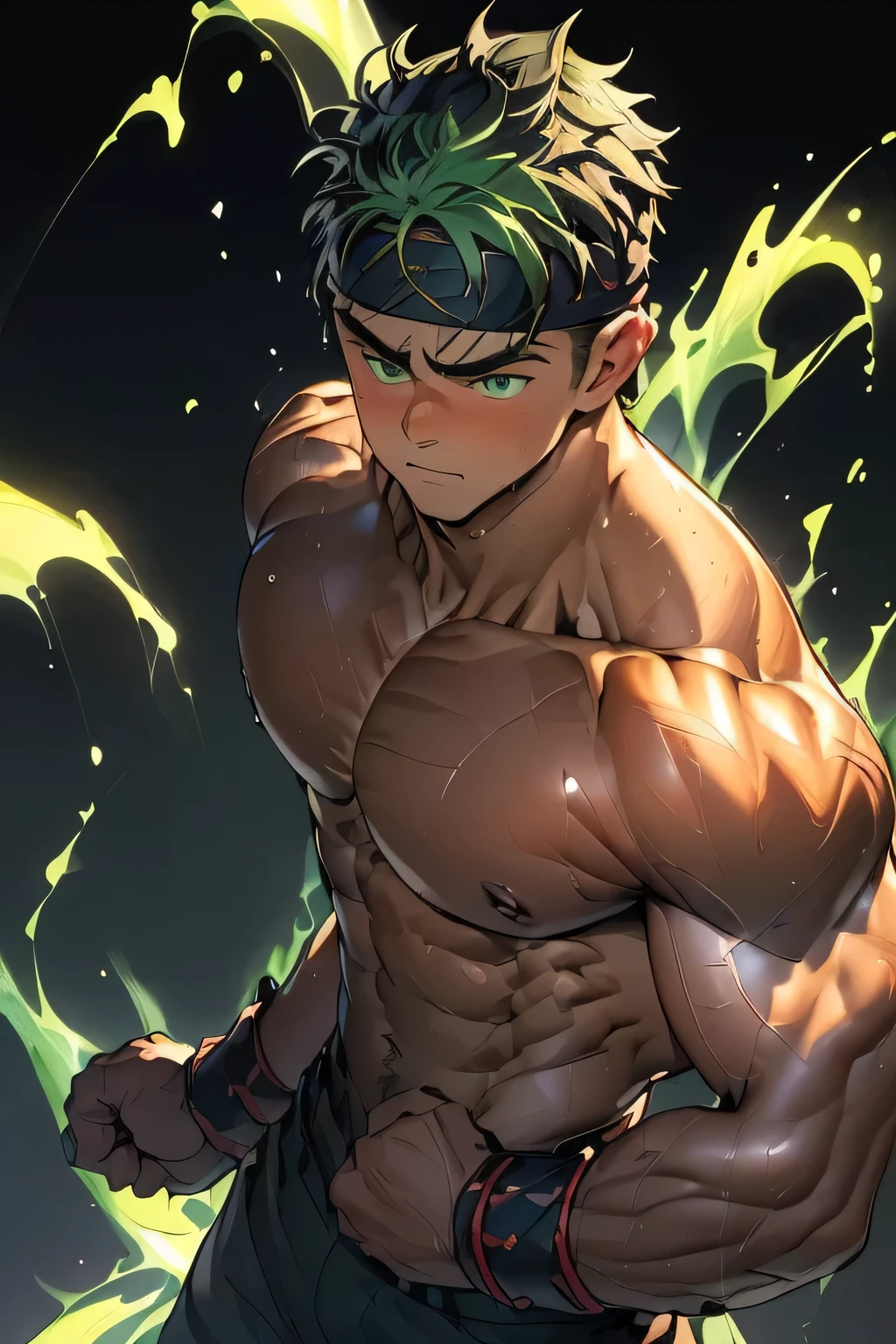((masterpiece, best quality, stalwart, detailed face, detailed muscle, (Depth of field:1.2))), (((((black background, deep night, upper body, dynamic angle, ambient light, from very high, looking up, wet))))), (worm green eyes, Young boy, muscler, Shirtless, topless, floating hair), ((((1boy, flesh, tough, reliable, developed body)))), (Dark Short straight hair, green eyes, ((almost completely shaved hair)), under cut), (((red headband, black trouser, garter belt, boots, gladiator armor, monk style))), Vivid colors, ((big breast, big abs, big shoulder, muscular body, sturdy body, defined round and fleshy pecs, defined round and fleshy ABS, defined round and fleshy armsmuscular, well-defined muscles, shouldermuscler)), muscler!, muscler body, (((rippling muscles, Flowing energy, wearing wind to emphasize the power of his aura. Highlight his aura, blue and green aura effect, wearing energy stream, random pose, relax:1.2)))