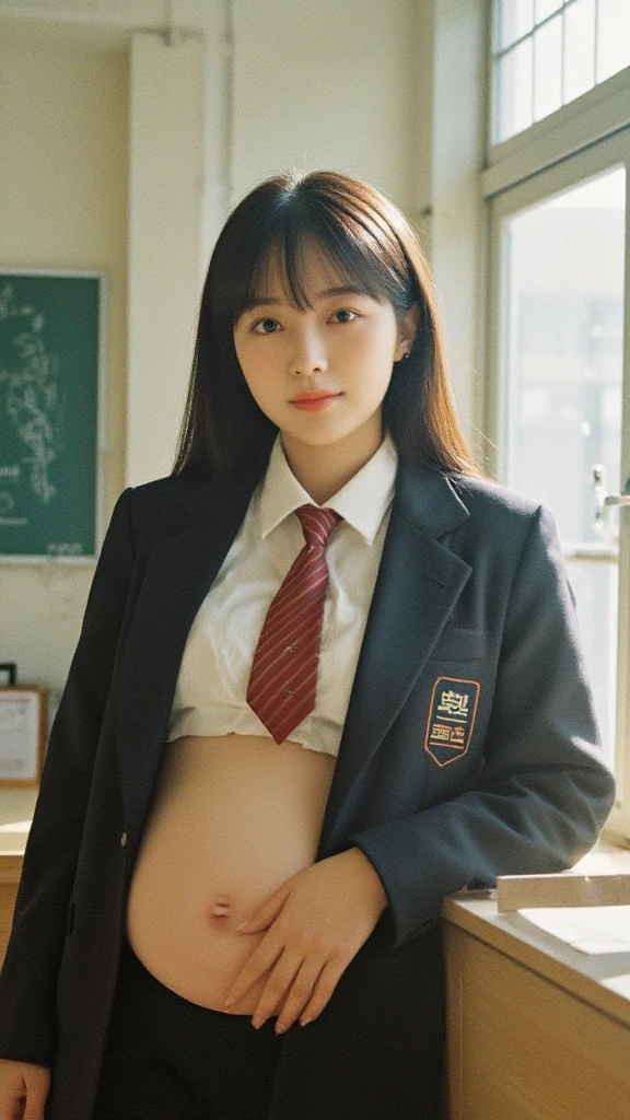 very very big pregnant midriff school blazer woman,ponytail, black hair,belly button, classroom
