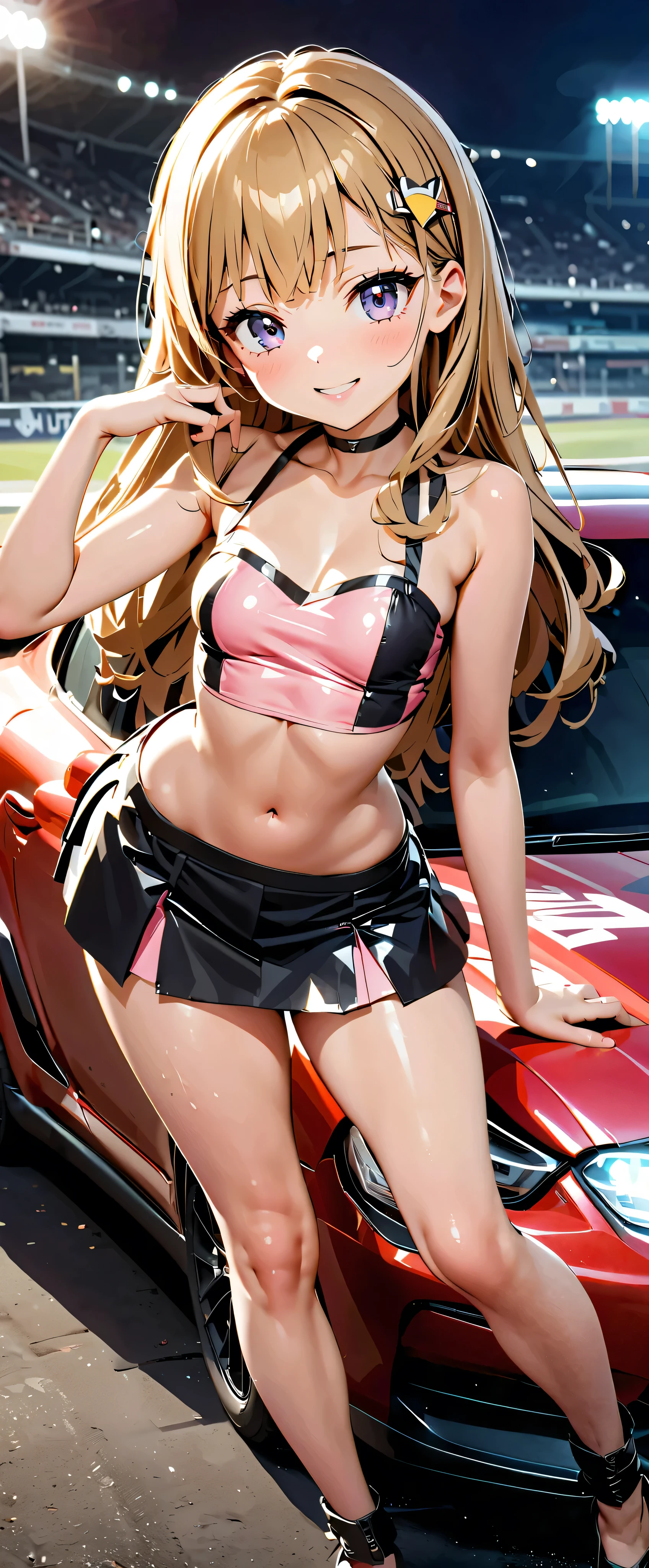 best quality , ultra high definition, One person, little chest, black choker, smile, exposes shoulders, focus only , Audience ,Fair skin,Car racing track, photon mapping, physical base rendering , RAW photos , very detailed background , K-pop Idol , depth of field, hair ornament, detailed face, glowing skin, game cg,whole body, shiny micro tight miniskirt,shiny micro tube top, race queen, Sexy Poses,holding a flag,Gloss Lip