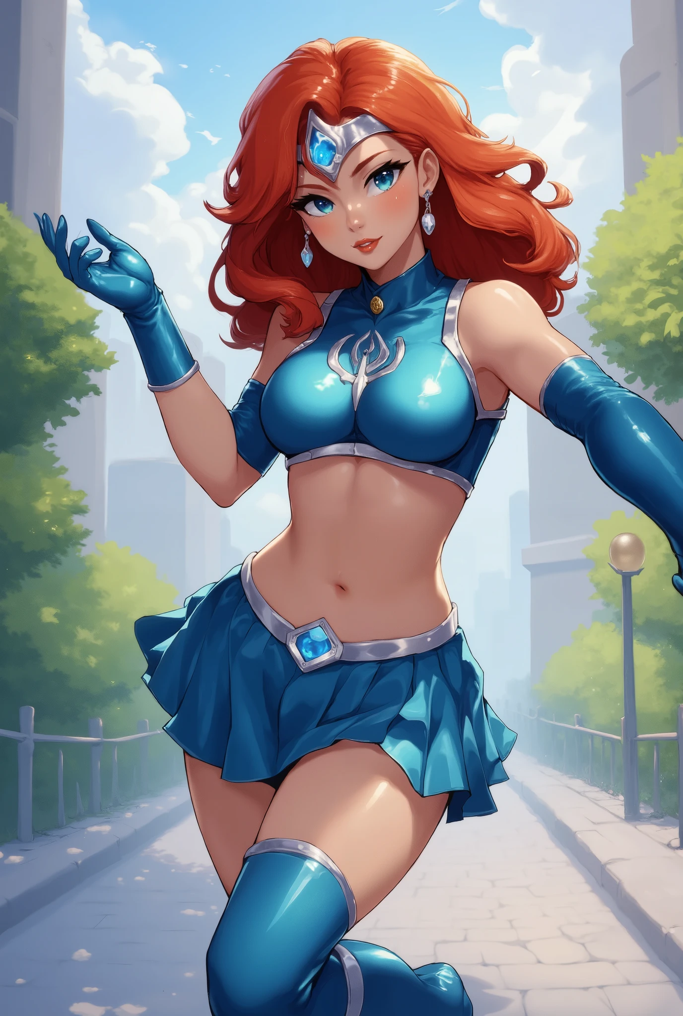 beautiful female superhero. red hair blue eyes wears a sleeveless blue midriff shirt with a silver trident symbol, wears a silver tiara with a blue gem in the center. wears silver bracelets or cuffs with long blue gloves, A blue skirt with a silver belt . wears long blue knee boots, in the style of realism, glistening skin, , , natural lighting, Defined full lips. feminine body. Using her water powers.  