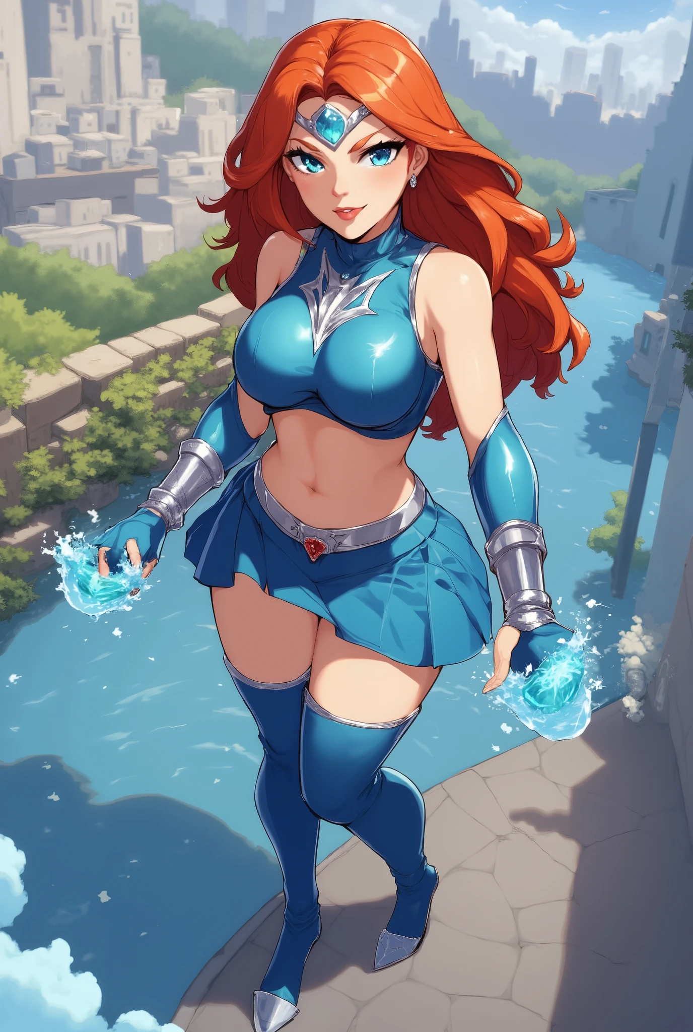 beautiful female superhero. red hair blue eyes wears a sleeveless blue midriff shirt with a silver trident symbol, wears a silver tiara with a blue gem in the center. wears silver bracelets or cuffs with long blue gloves, A blue skirt with a silver belt . wears long blue knee boots, in the style of realism, glistening skin, , , natural lighting, Defined full lips. feminine body. Using her water powers.