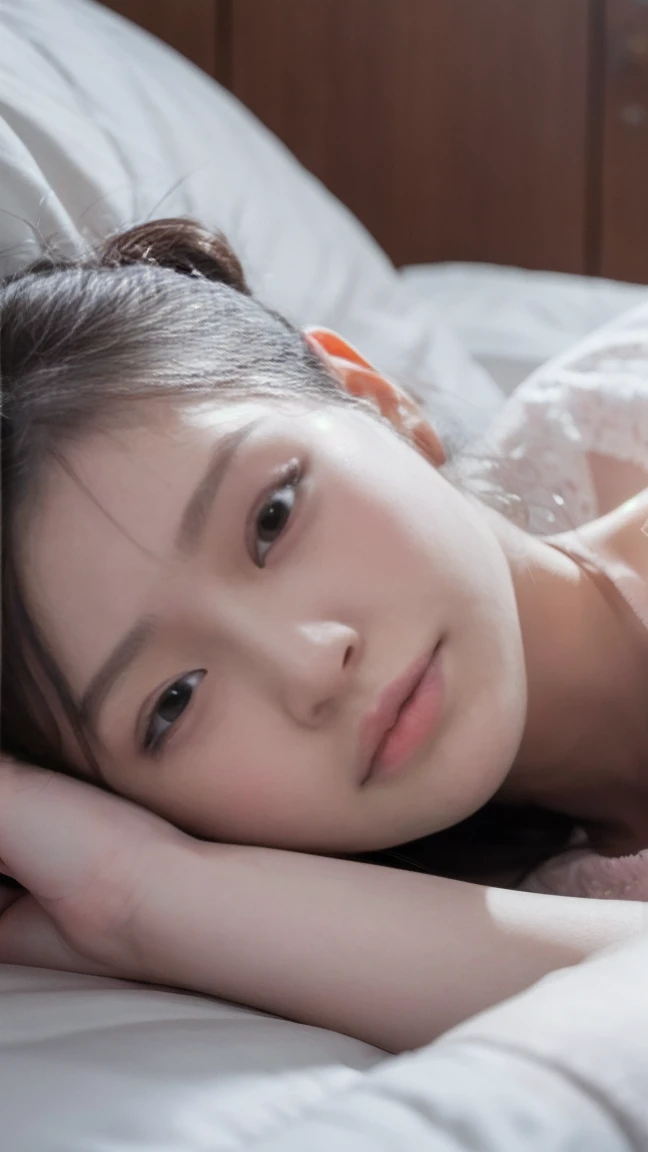 最high quality、high quality、Best image quality、8K、最High resolution、High resolution、最high quality、masterpiece、RAW Photos、whole body写真、Detailed and realistic human body、Detailed and realistic skin、Realistic face in every detail、Detailed and realistic eyes、Detailed and realistic lips、Detailed and realistic teeth、Detailed and realistic ears、Detailed and realistic hair、Realistic reproduction of every detail、Realistic fingers in every detail、(Perfect and beautiful hands、thumb１reference４)、Realistic feet down to the last detail、((Beautiful Japanese Girl))、(Bare chest)、((18 year old beautiful girl))、(Bare chest)、(Straight hair)、((whole body))、(Slim and perfect figure)、(Large Breasts)、((Colorful(Flower pattern kimono))、((Bare chest))、((Sleeping on a futon))、