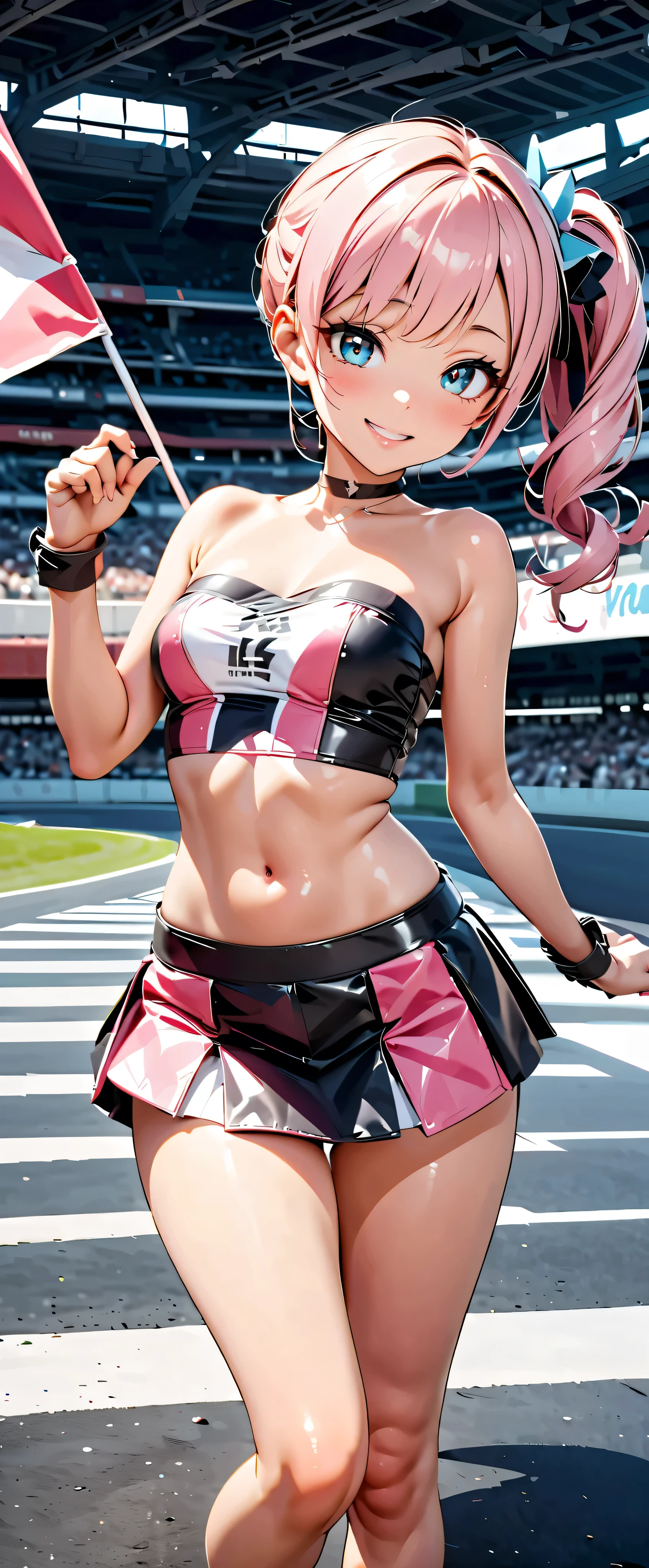 best quality ,  ultra high definition,  One person,   little chest,  black choker, smile,  exposes shoulders,  focus only ,  Audience ,Fair skin,Car racing track, photon mapping,  physical base rendering ,  RAW photos ,  very detailed background , K-pop Idol , depth of field, hair ornament, detailed face, glowing skin, game cg,whole body, shiny micro tight miniskirt,shiny micro tube top, race queen, Sexy Poses,holding a flag,Gloss Lip