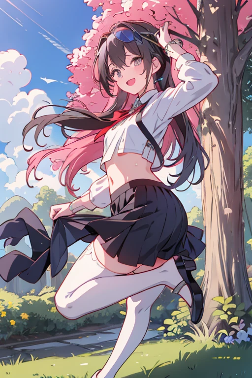 smiling, ((((upskirt))), jumping, ((black dress)), looking back, (((pink panties)), summer, day, green garden,spread arms,