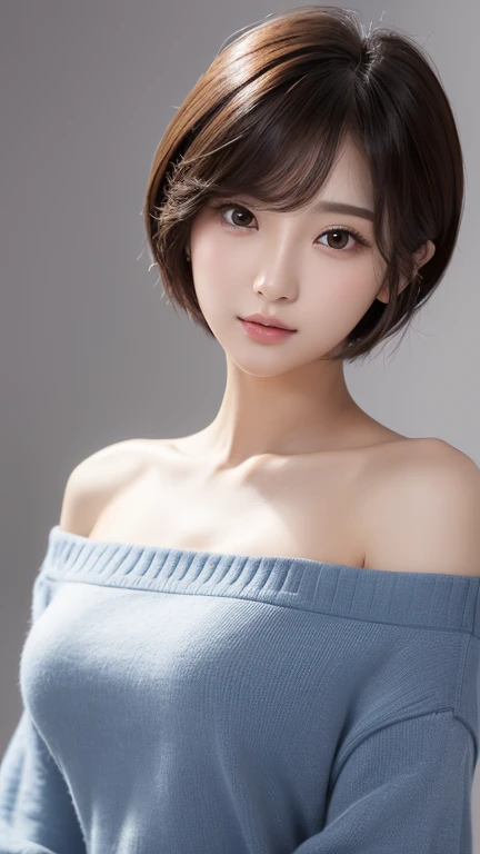 ((Best quality, 8k, Masterpiece :1.3)), 1girl, Pretty woman with slender abs :1.3, (Medium-short hair, Huge breasts :1.2), Cardigan :1.1, Ultra-detailed face, Detailed eyes, Double eyelid