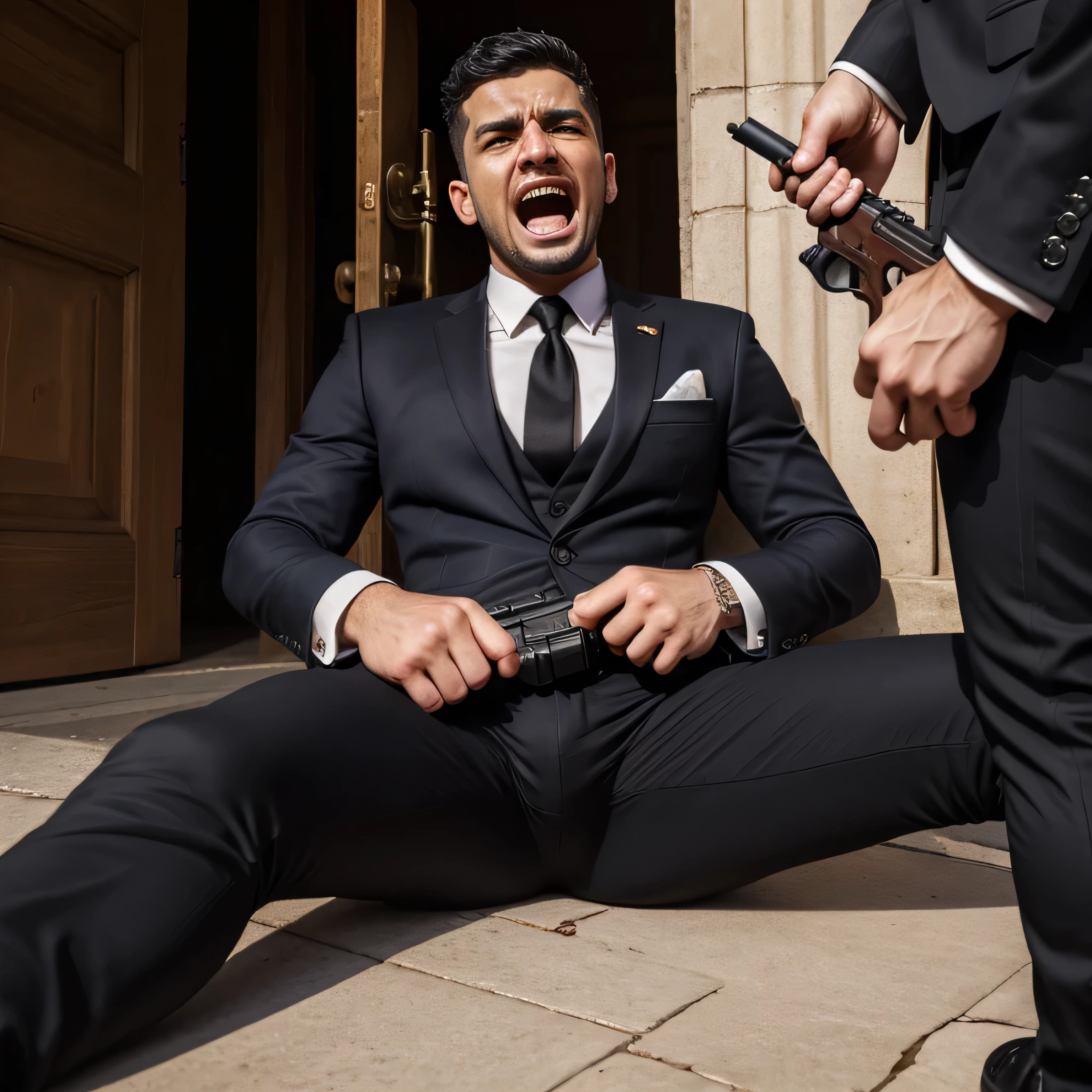 40 years old, 2 guys,、 black suit、black tie、black slim pants。In front of the gate、alert 、 Gunfight、Man Who Was Shot logic, Gay, black hair、Short Hair。 very short hair 、 arabic face Lies on the Ground、 open her legs 、 upper body up black slim pants black slim pants they are screaming with their mouths wide open Painful face after being shot mafia pants chuck The handgun is falling